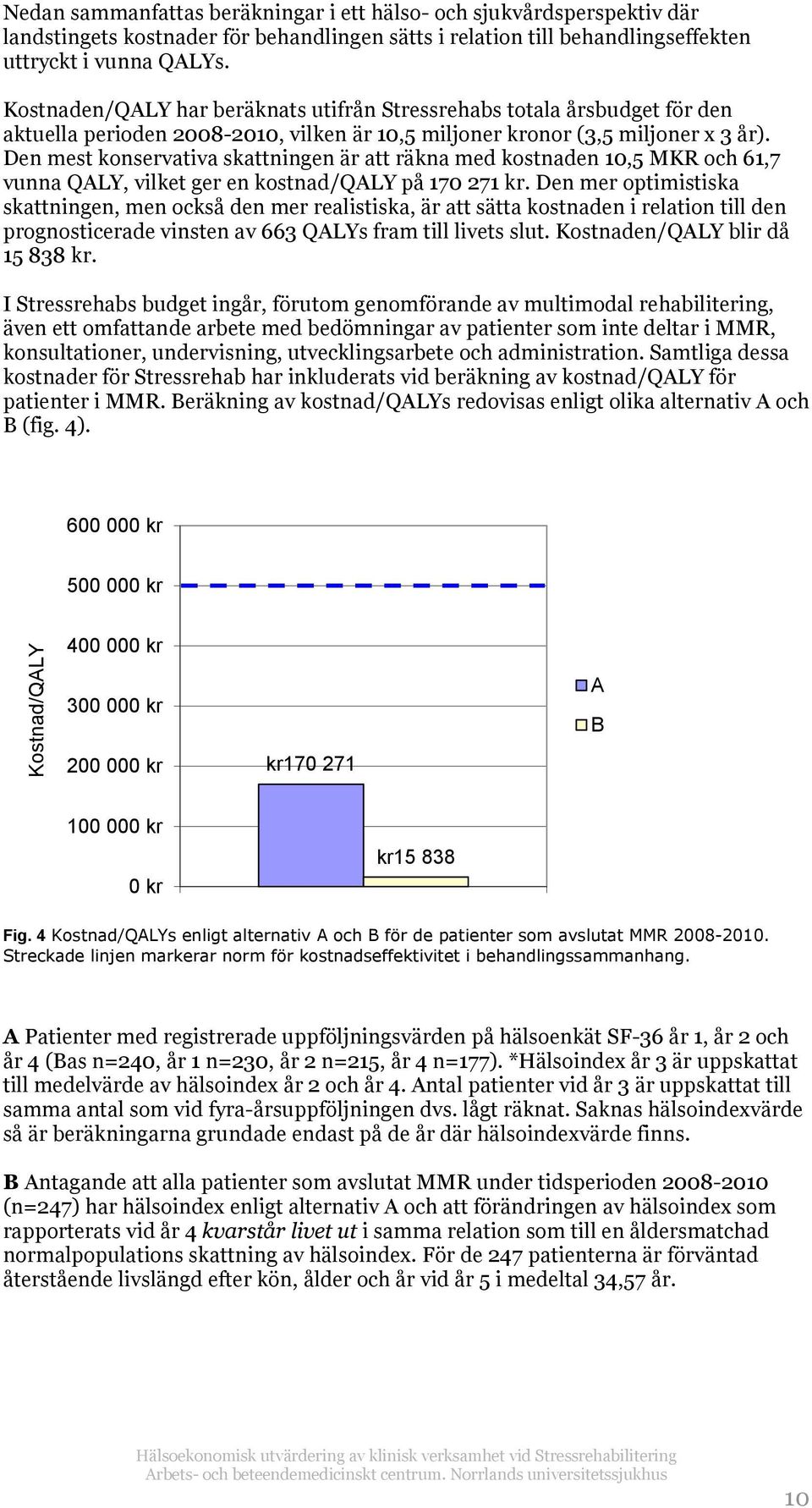 Den mest konservativa skattningen är att räkna med kostnaden 10,5 MKR och 61,7 vunna QALY, vilket ger en kostnad/qaly på 170 271 kr.