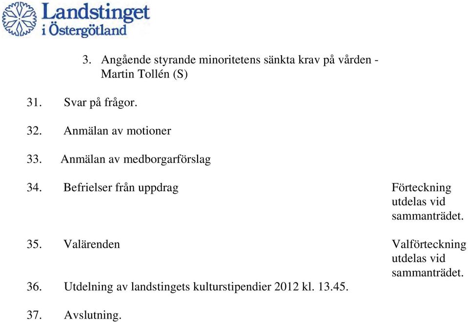 Befrielser från uppdrag Förteckning utdelas vid sammanträdet. 35.