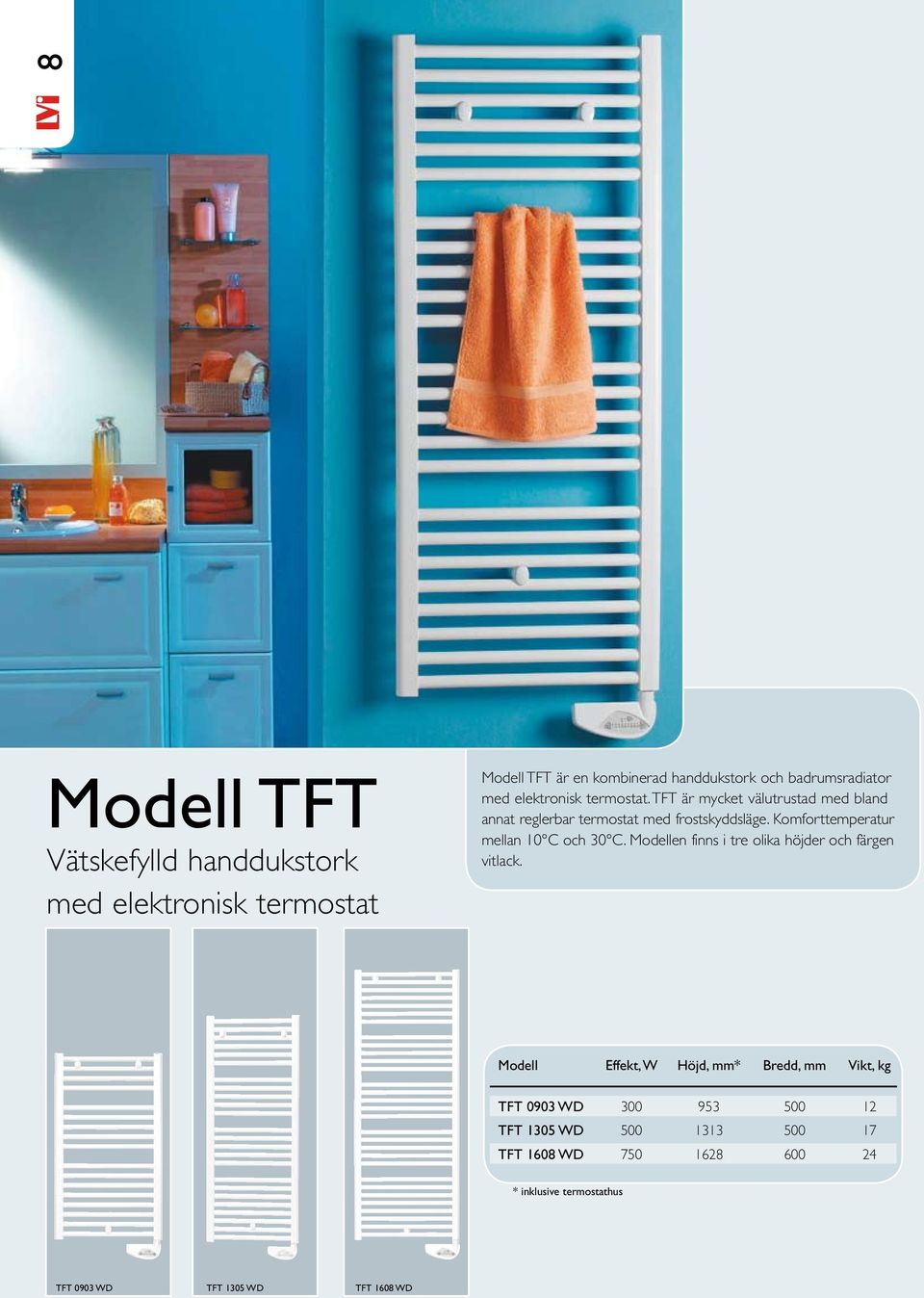Komforttemperatur mellan 10 C och 30 C. Modellen finns i tre olika höjder och färgen vitlack.