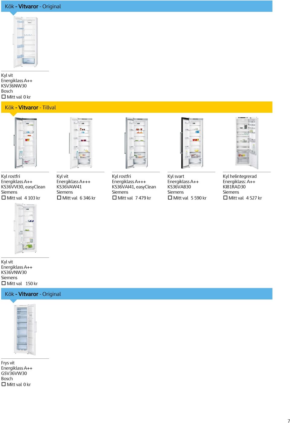 KS36VAI41, easyclean Mitt val 7 479 kr Kyl svart Energiklass A++ KS36VAB30 Mitt val 5 590 kr Kyl helintegrerad Energiklass: A++