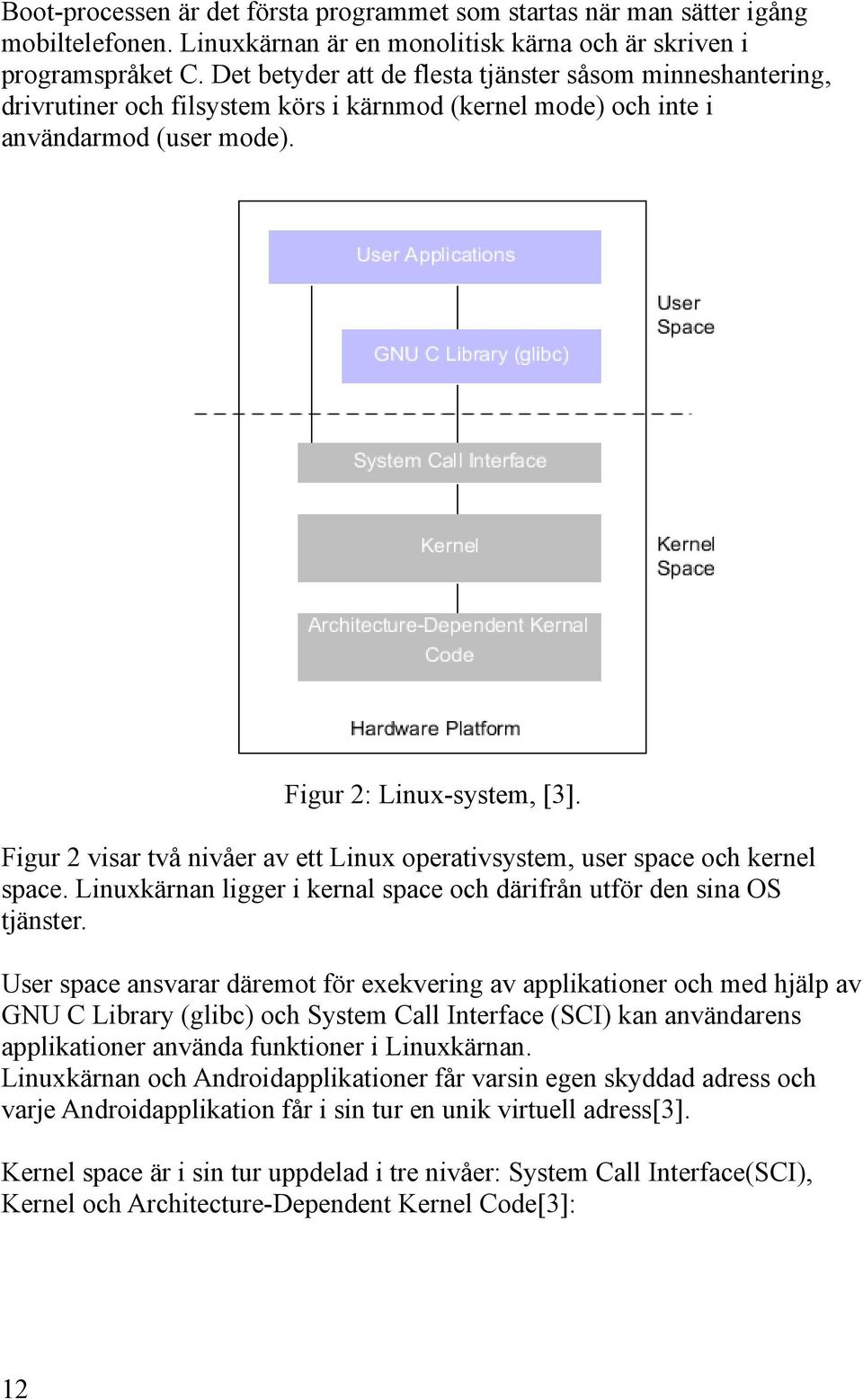 Figur 2 visar två nivåer av ett Linux operativsystem, user space och kernel space. Linuxkärnan ligger i kernal space och därifrån utför den sina OS tjänster.