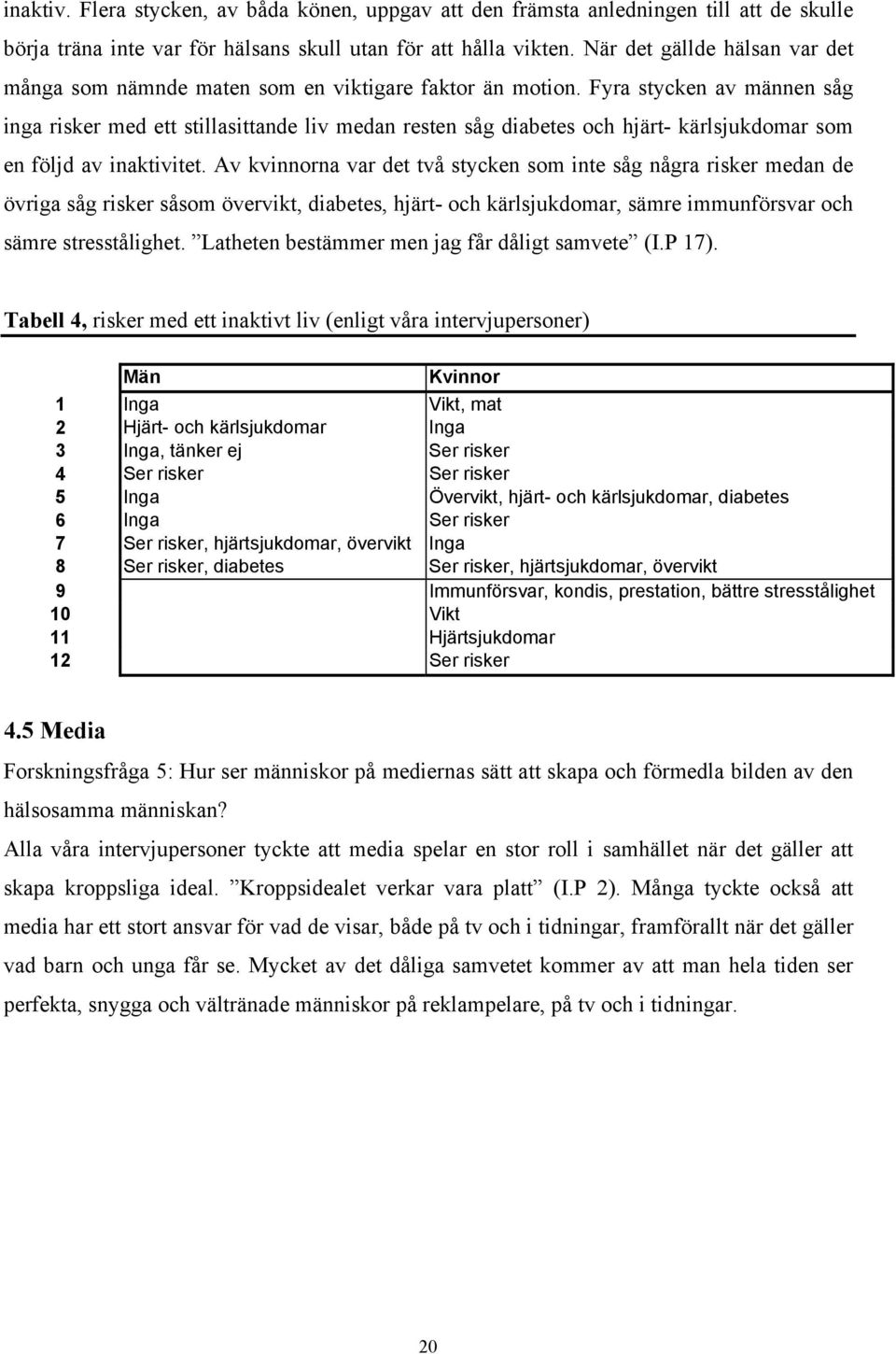 Fyra stycken av männen såg inga risker med ett stillasittande liv medan resten såg diabetes och hjärt- kärlsjukdomar som en följd av inaktivitet.