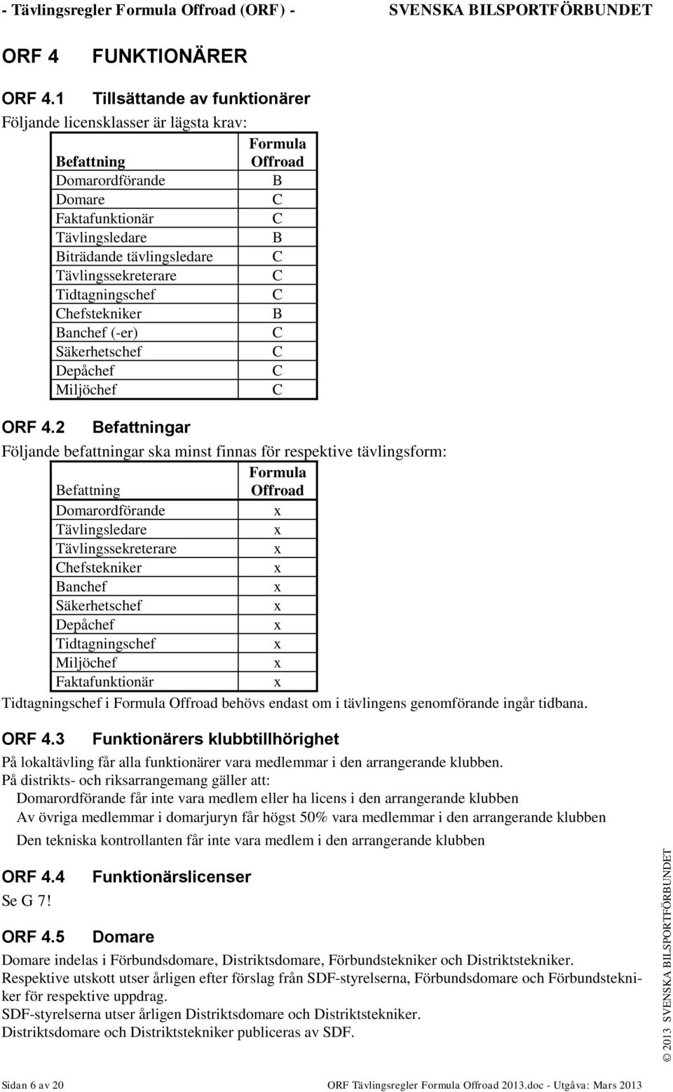 Tävlingssekreterare C Tidtagningschef C Chefstekniker B Banchef (-er) C Säkerhetschef C Depåchef C Miljöchef C ORF 4.