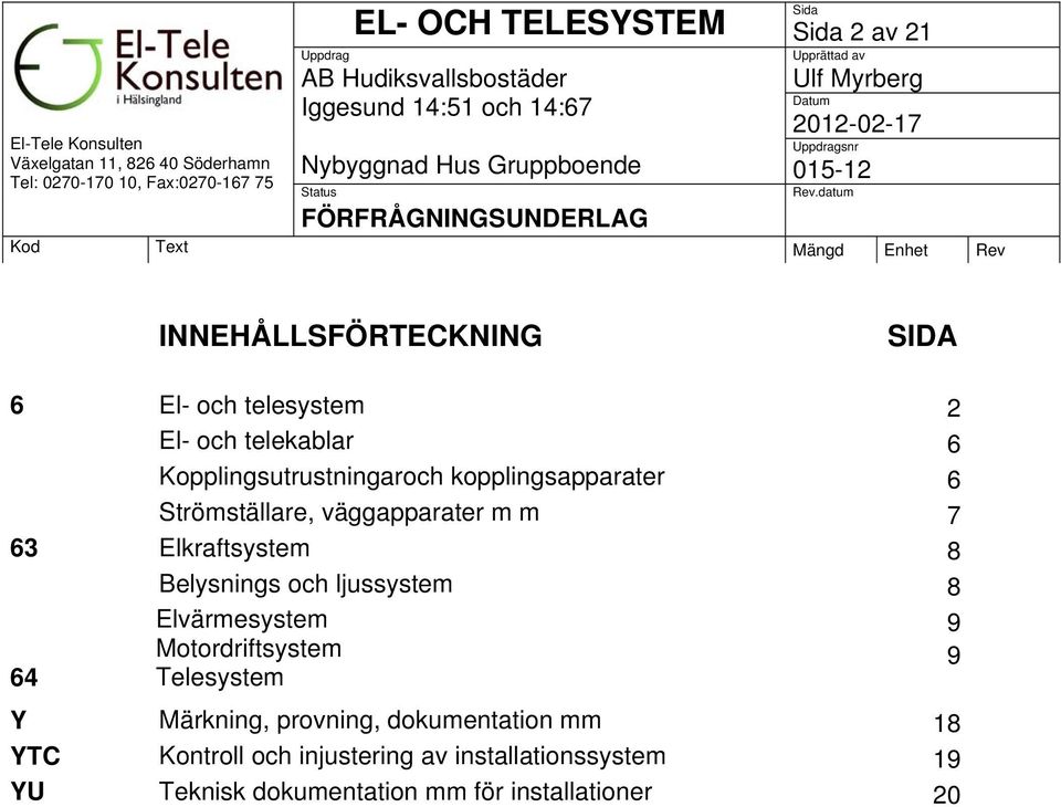 Belysnings och ljussystem 8 64 Elvärmesystem Motordriftsystem Telesystem Y Märkning, provning,