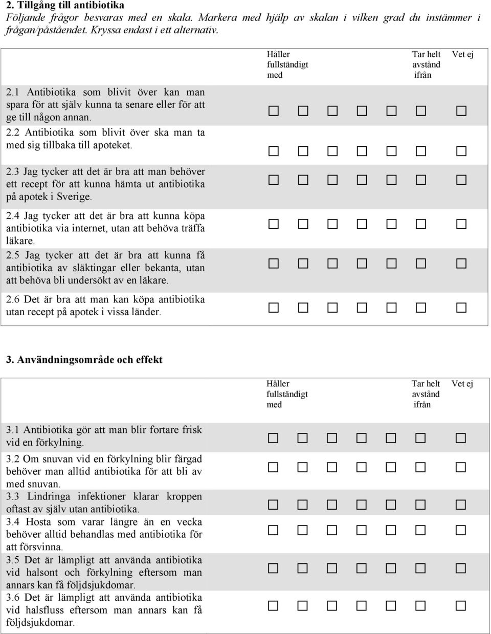 2 Antibiotika som blivit över ska man ta sig tillbaka till apoteket. 2.3 Jag tycker att det är bra att man behöver ett recept för att kunna hämta ut antibiotika på apotek i Sverige. 2.4 Jag tycker att det är bra att kunna köpa antibiotika via internet, utan att behöva träffa läkare.