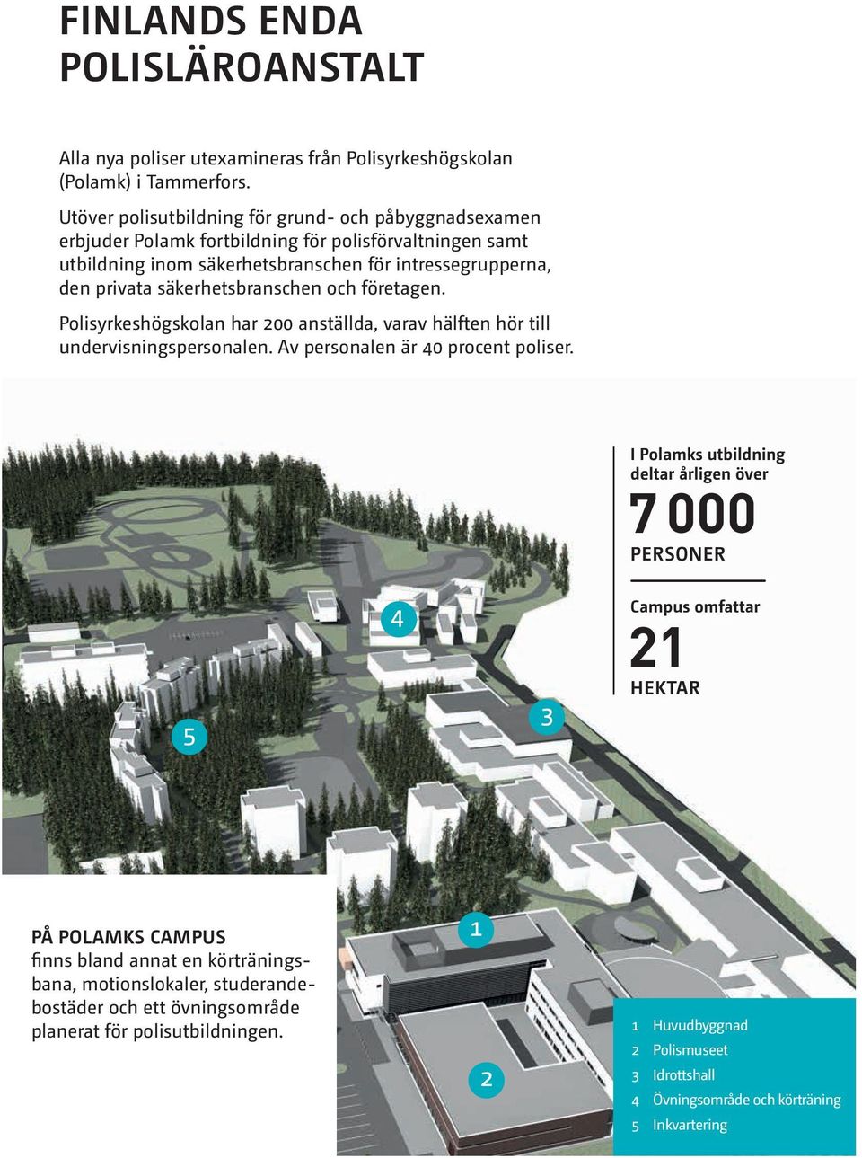 säkerhetsbranschen och företagen. Polisyrkeshögskolan har 200 anställda, varav hälften hör till undervisningspersonalen. Av personalen är 40 procent poliser.