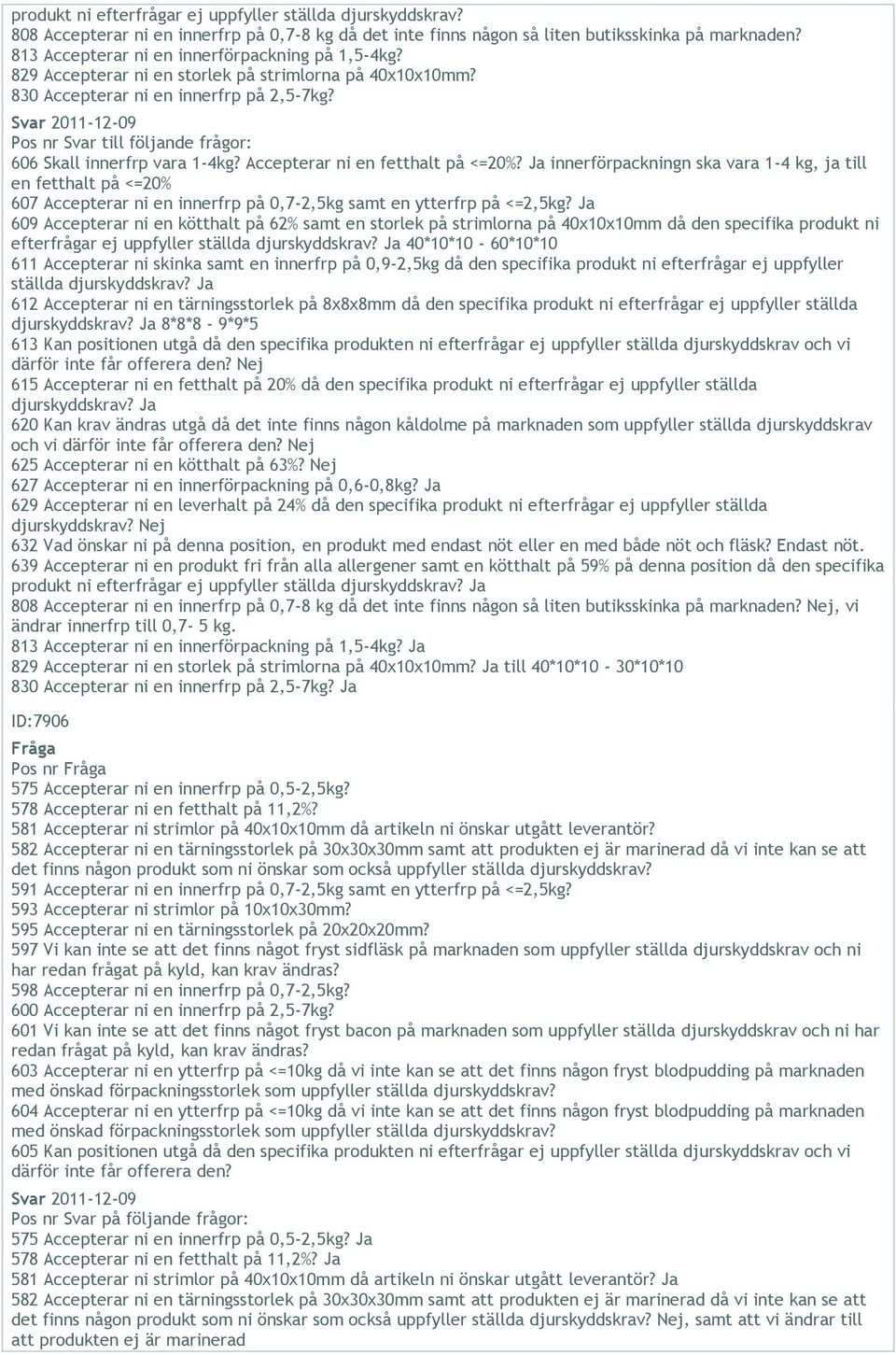 Svar 2011-12-09 Pos nr Svar till följande frågor: 606 Skall innerfrp vara 1-4kg? Accepterar ni en fetthalt på <=20%?