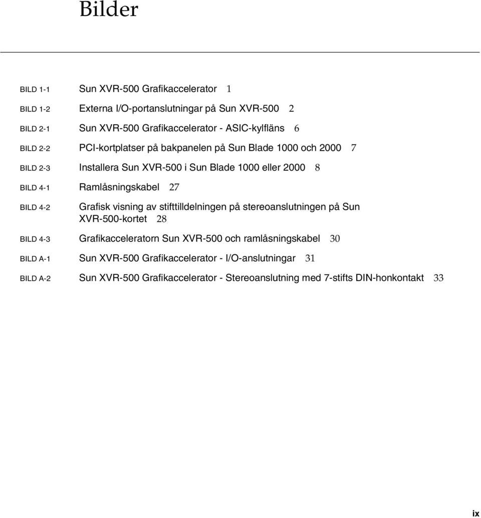 27 BILD 4-2 Grafisk visning av stifttilldelningen på stereoanslutningen på Sun XVR-500-kortet 28 BILD 4-3 Grafikacceleratorn Sun XVR-500 och ramlåsningskabel
