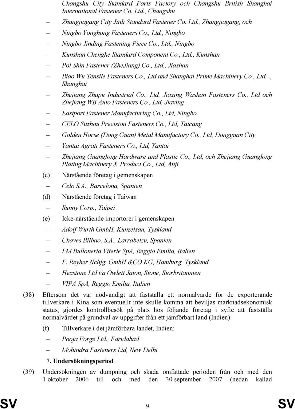 , Ltd and Shanghai Prime Machinery Co., Ltd.., Shanghai Zhejiang Zhapu Industrial Co., Ltd, Jiaxing Washan Fasteners Co., Ltd och Zhejiang WB Auto Fasteners Co.