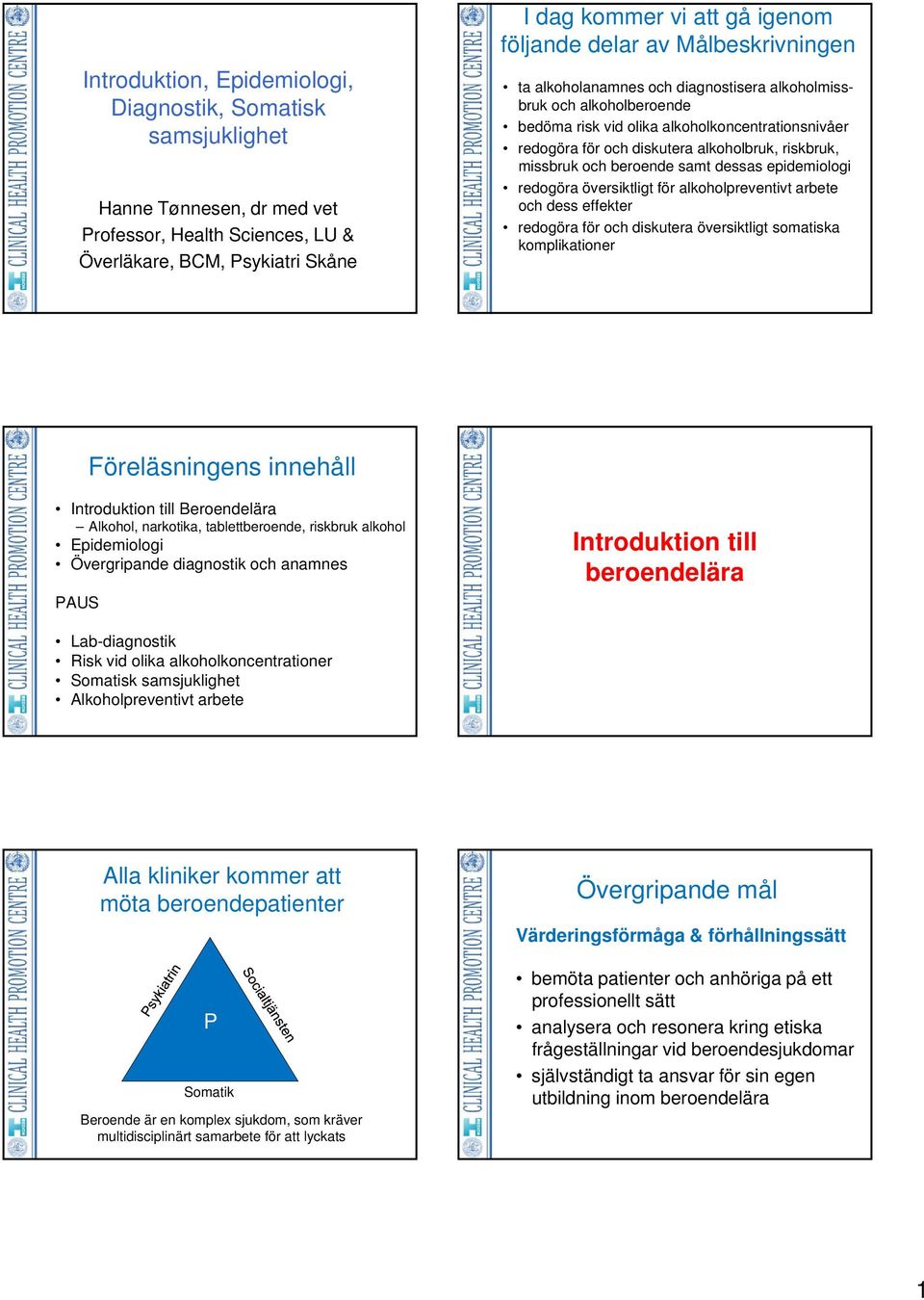 missbruk och beroende samt dessas epidemiologi redogöra översiktligt för alkoholpreventivt arbete och dess effekter redogöra för och diskutera översiktligt somatiska komplikationer Föreläsningens