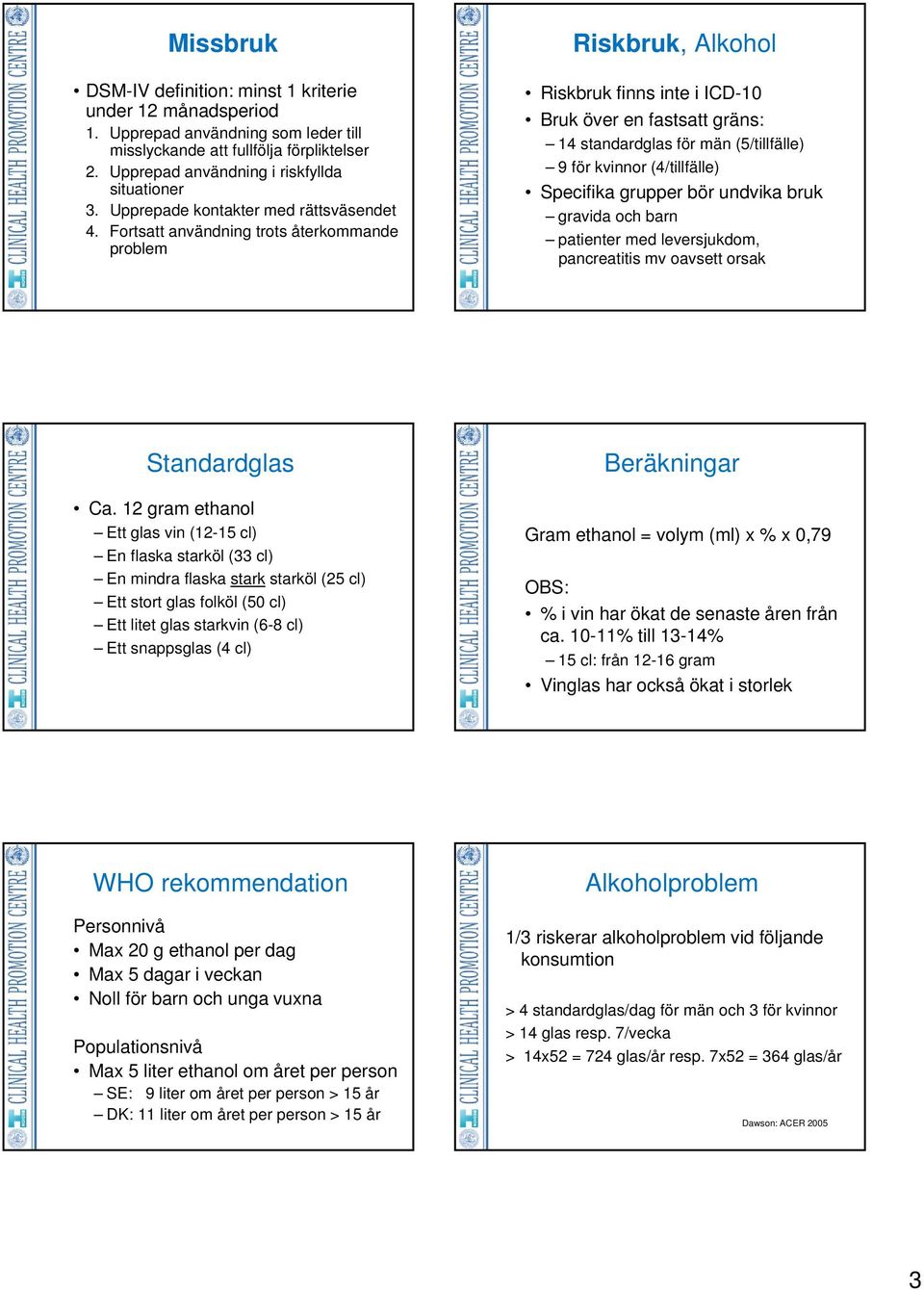 Fortsatt användning trots återkommande problem Riskbruk, Alkohol Riskbruk finns inte i ICD-10 Bruk över en fastsatt gräns: 14 standardglas för män (5/tillfälle) 9 för kvinnor (4/tillfälle) Specifika