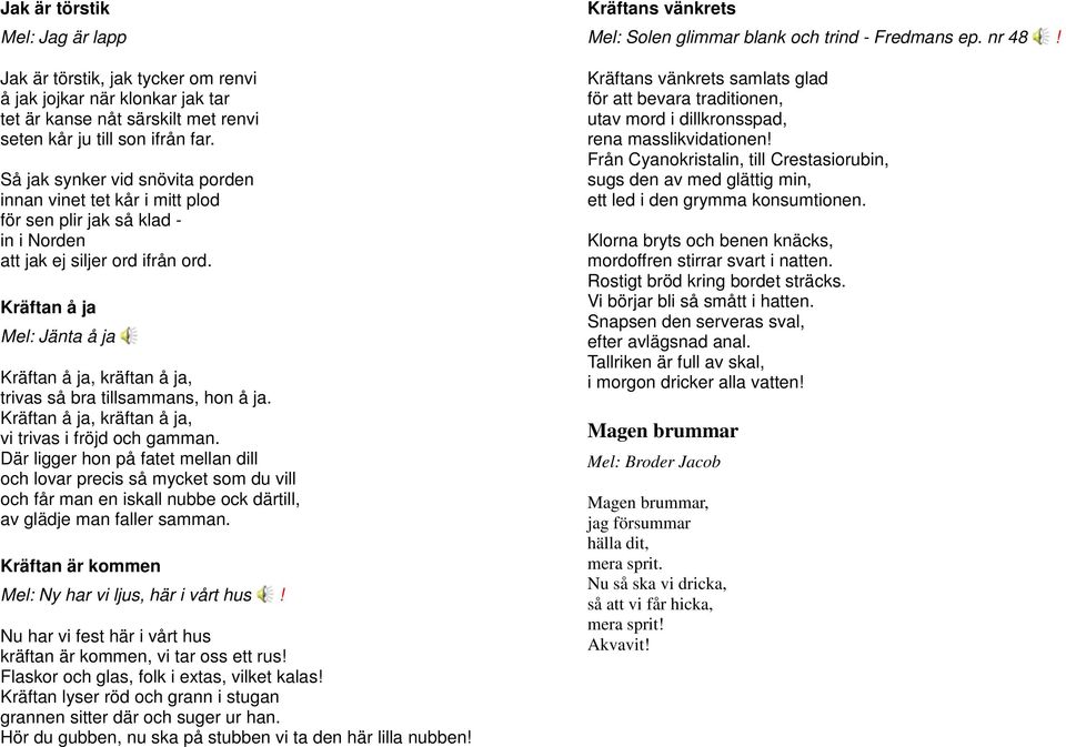 Kräftan å ja Mel: Jänta å ja Kräftan å ja, kräftan å ja, trivas så bra tillsammans, hon å ja. Kräftan å ja, kräftan å ja, vi trivas i fröjd och gamman.