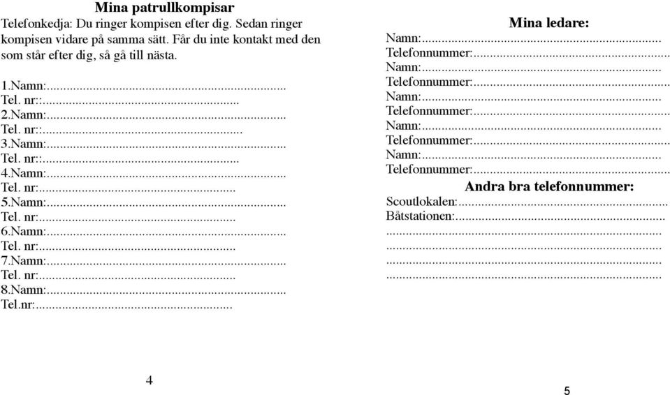 Namn:... Tel. nr:... 6.Namn:... Tel. nr:... 7.Namn:... Tel. nr:... 8.Namn:... Tel.nr:... Mina ledare: Namn:... Telefonnummer:.