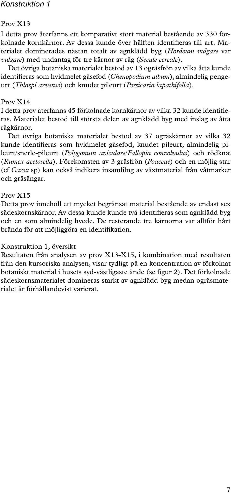 Det övriga botaniska materialet bestod av 13 ogräsfrön av vilka åtta kunde identifieras som hvidmelet gåsefod (Chenopodium album), almindelig pengeurt (Thlaspi arvense) och knudet pileurt (Persicaria