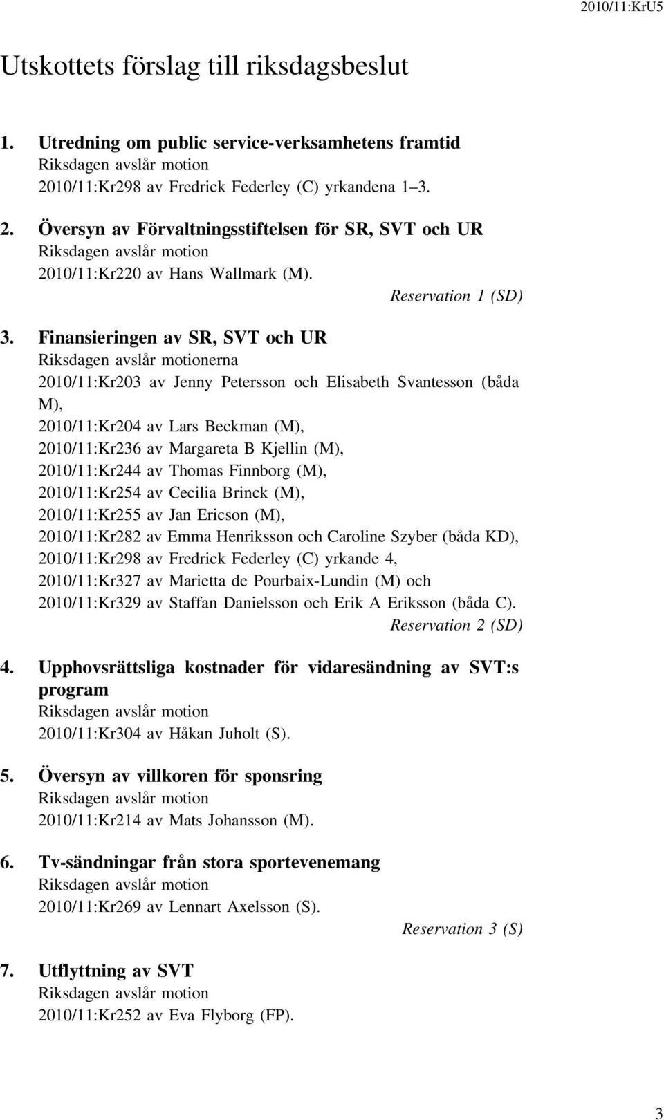 Finansieringen av SR, SVT och UR Riksdagen avslår motionerna 2010/11:Kr203 av Jenny Petersson och Elisabeth Svantesson (båda M), 2010/11:Kr204 av Lars Beckman (M), 2010/11:Kr236 av Margareta B