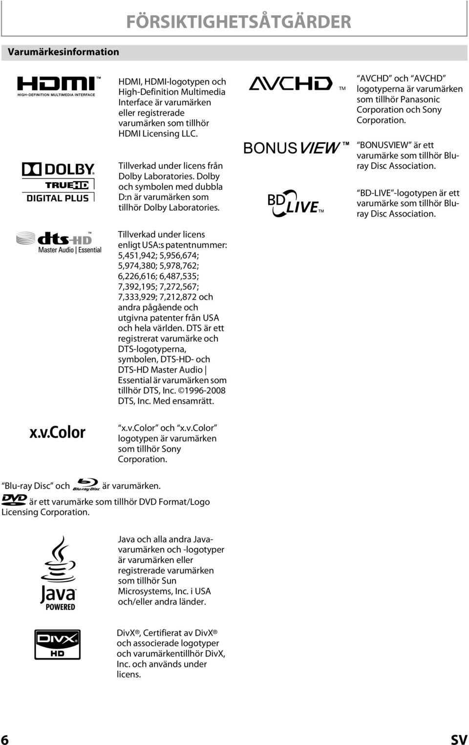 AVCHD och AVCHD logotyperna är varumärken som tillhör Panasonic Corporation och Sony Corporation. BONUIEW är ett varumärke som tillhör Bluray Disc Association.