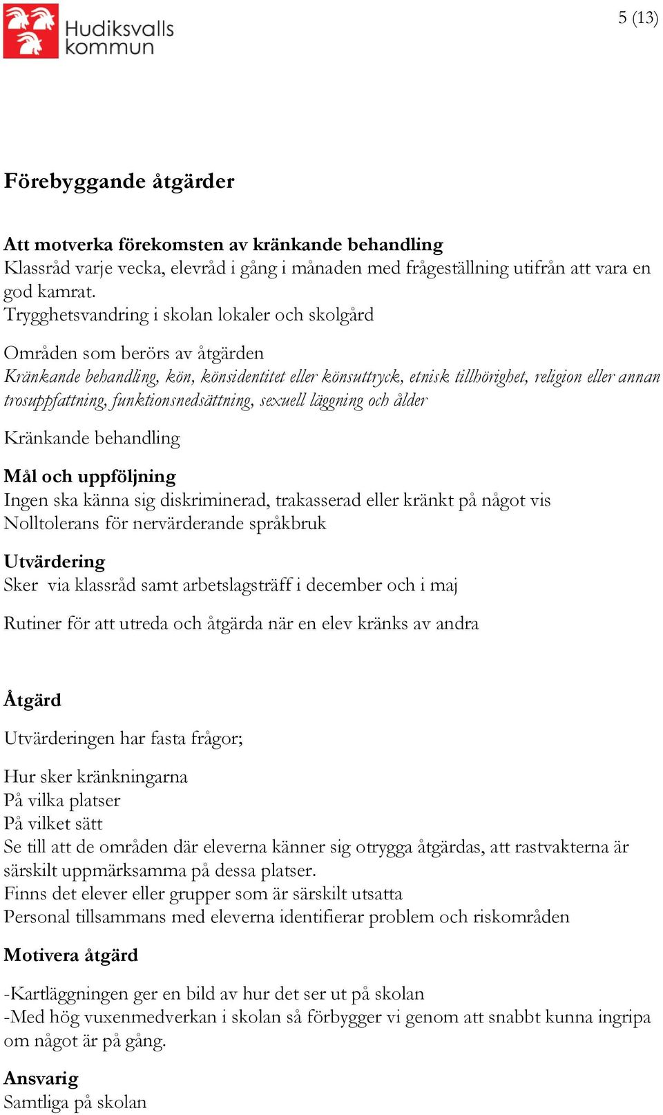 funktionsnedsättning, sexuell läggning och ålder Kränkande behandling Mål och uppföljning Ingen ska känna sig diskriminerad, trakasserad eller kränkt på något vis Nolltolerans för nervärderande