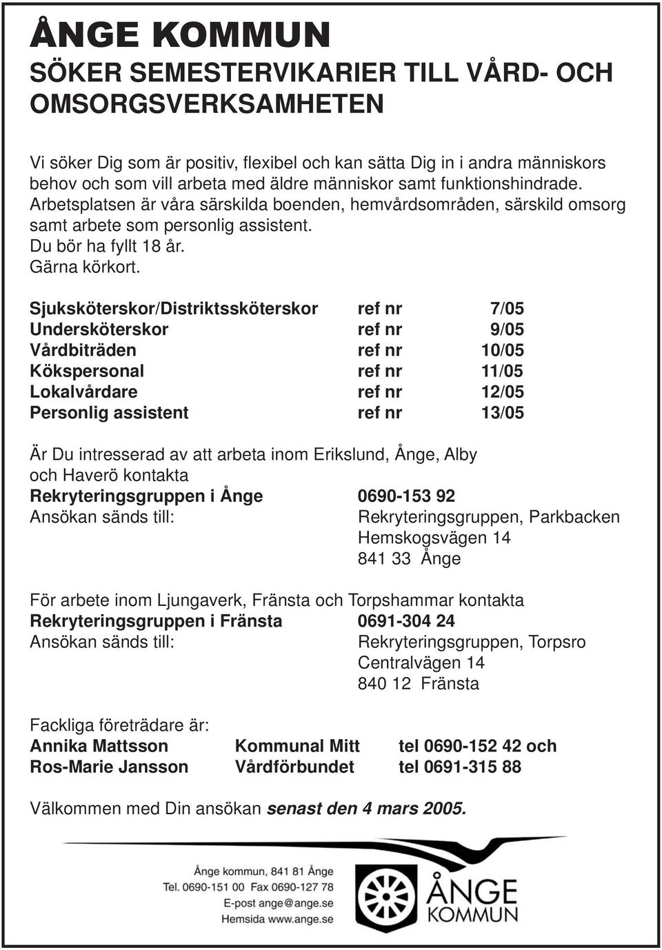 Sjuksköterskor/Distriktssköterskor ref nr 7/05 Undersköterskor ref nr 9/05 Vårdbiträden ref nr 10/05 Kökspersonal ref nr 11/05 Lokalvårdare ref nr 12/05 Personlig assistent ref nr 13/05 Är Du