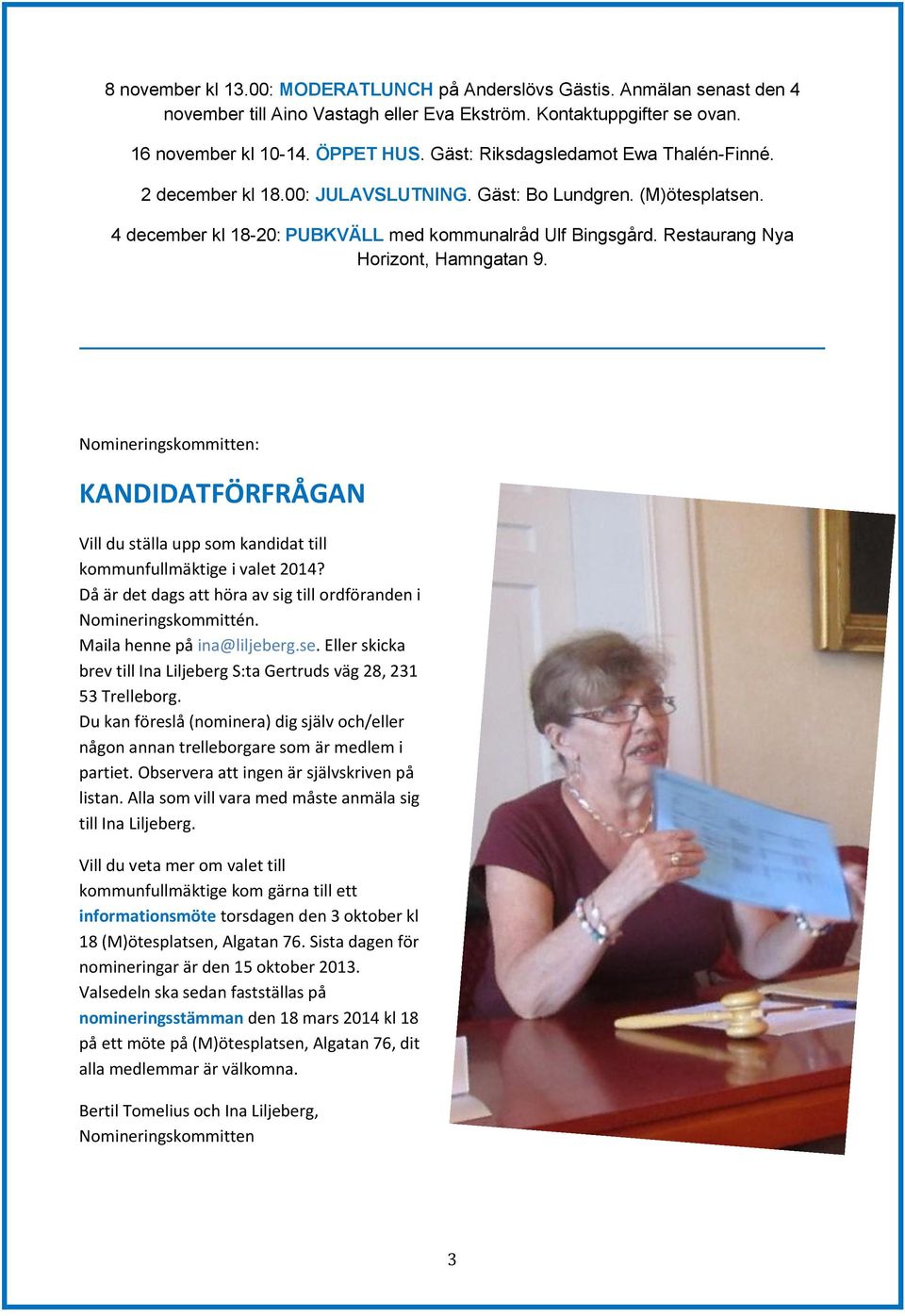 Restaurang Nya Horizont, Hamngatan 9. Nomineringskommitten: KANDIDATFÖRFRÅGAN Vill du ställa upp som kandidat till kommunfullmäktige i valet 2014?