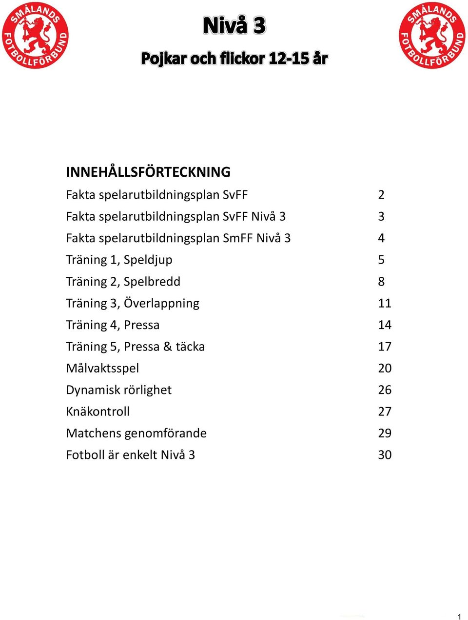 Spelbredd 8 Träning 3, Överlappning 11 Träning 4, Pressa 14 Träning 5, Pressa & täcka 17