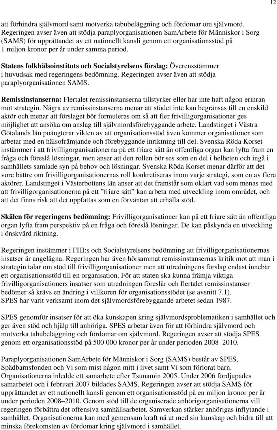 samma period. Statens folkhälsoinstituts och Socialstyrelsens förslag: Överensstämmer i huvudsak med regeringens bedömning. Regeringen avser även att stödja paraplyorganisationen SAMS.