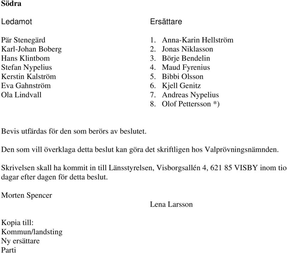 Olof Pettersson *) Bevis utfärdas för den som berörs av beslutet. Den som vill överklaga detta beslut kan göra det skriftligen hos Valprövningsnämnden.