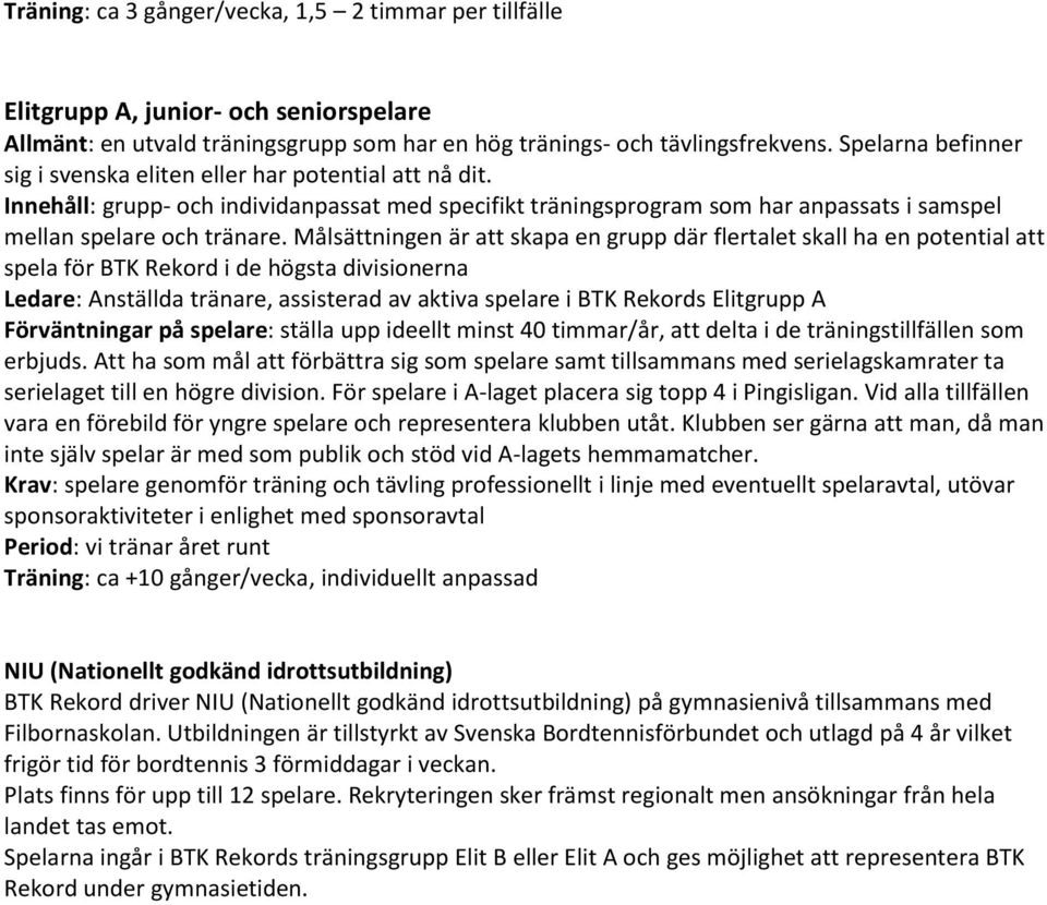 Målsättningen är att skapa en grupp där flertalet skall ha en potential att spela för BTK Rekord i de högsta divisionerna Ledare: Anställda tränare, assisterad av aktiva spelare i BTK Rekords