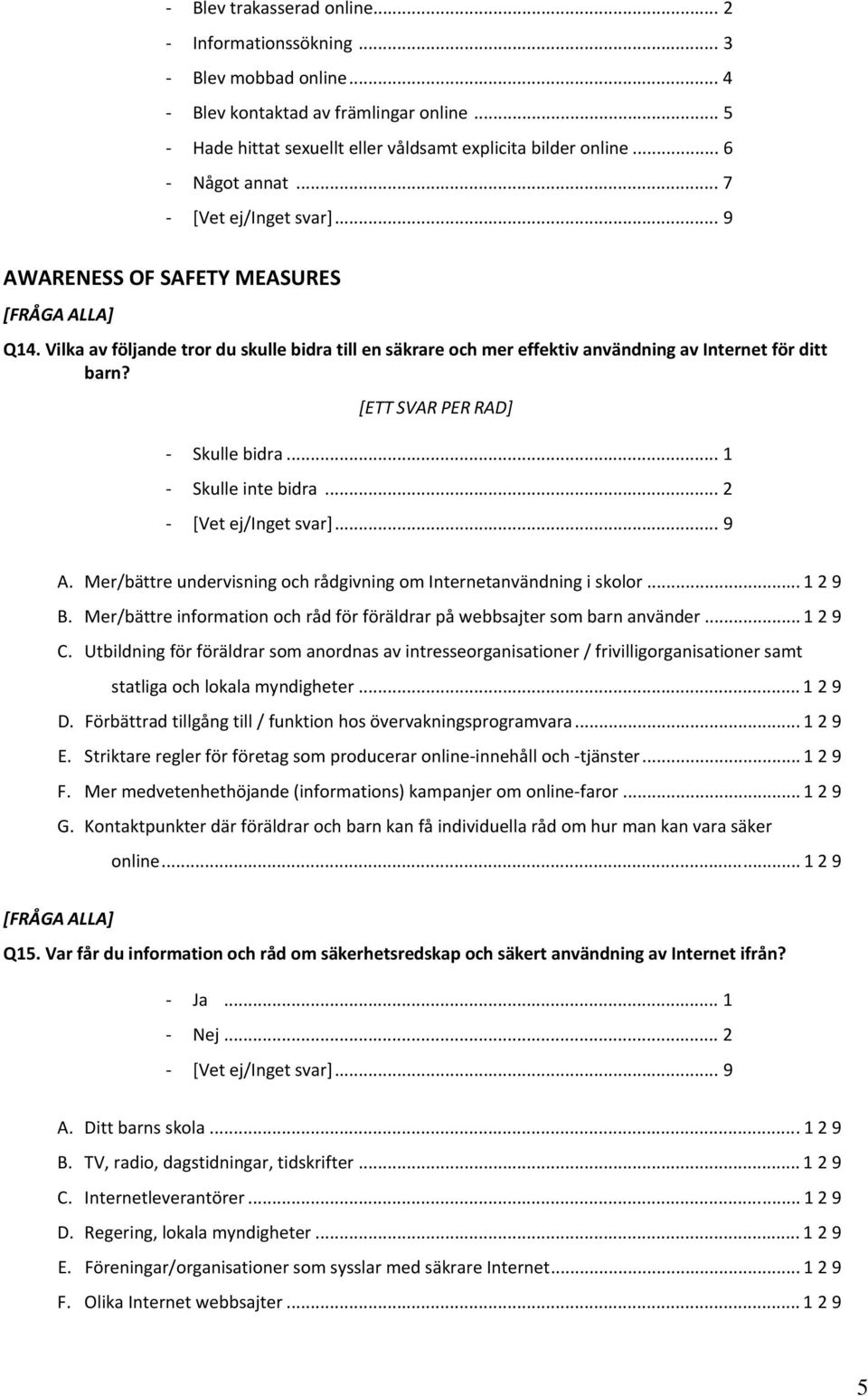 .. 1 Skulle inte bidra... 2 A. Mer/bättre undervisning och rådgivning om Internetanvändning i skolor... 1 2 9 B. Mer/bättre information och råd för föräldrar på webbsajter som barn använder... 1 2 9 C.