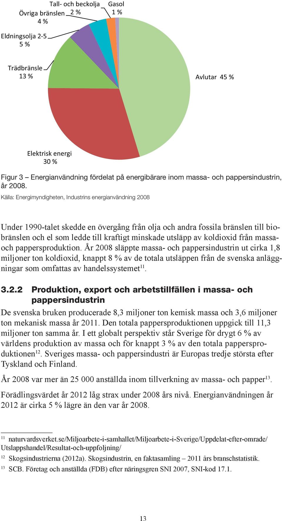 Källa: Energimyndigheten, Industrins energianvändning 2008 Under 1990-talet skedde en övergång från olja och andra fossila bränslen till biobränslen och el som ledde till kraftigt minskade utsläpp av