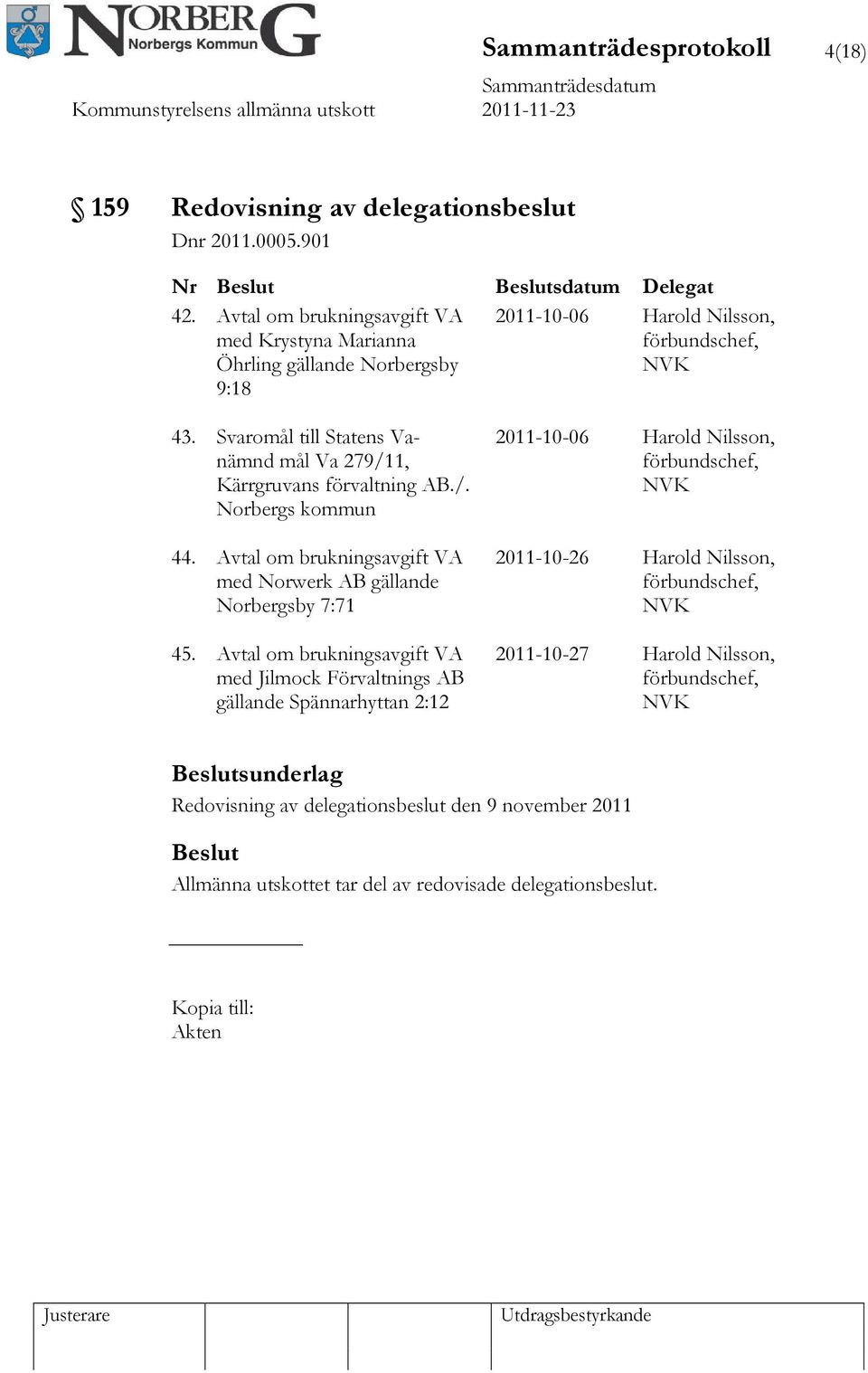 Svaromål till Statens Vanämnd mål Va 279/11, Kärrgruvans förvaltning AB./. Norbergs kommun 44. Avtal om brukningsavgift VA med Norwerk AB gällande Norbergsby 7:71 45.