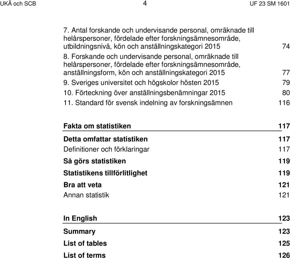 Forskande och undervisande personal, omräknade till helårspersoner, fördelade efter forskningsämnesområde, anställningsform, kön och anställningskategori 2015 77 9.