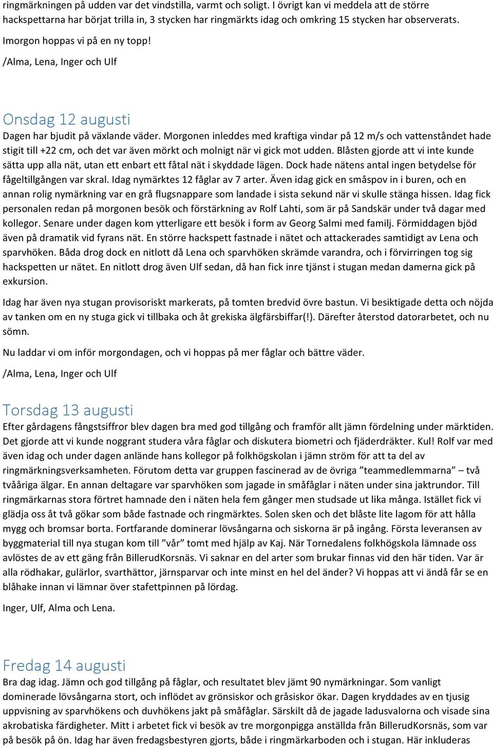 /Alma, Lena, Inger och Ulf Onsdag 12 augusti Dagen har bjudit på växlande väder.