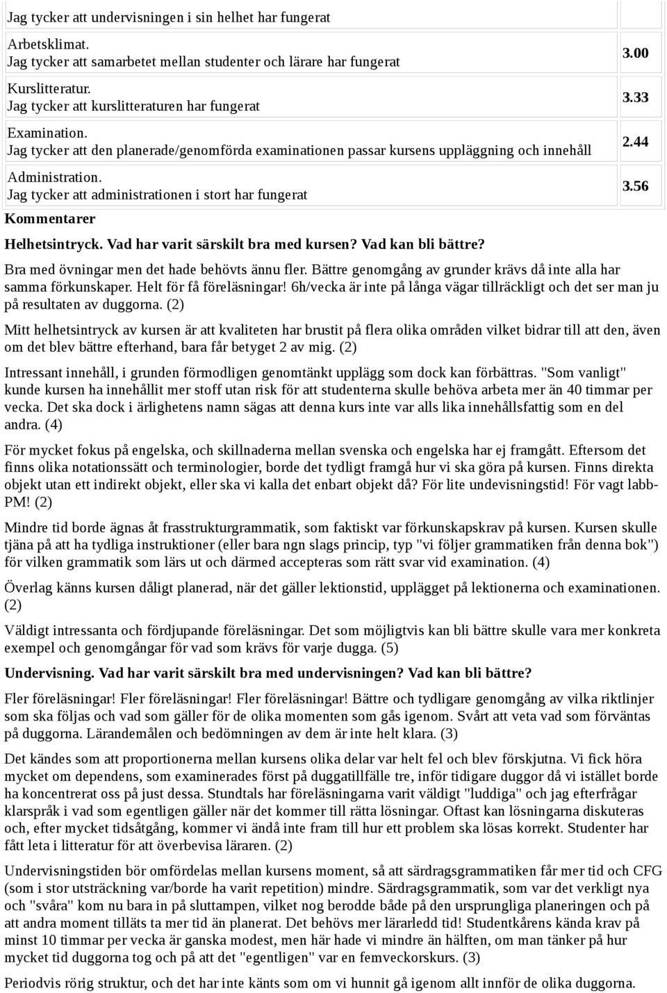 Jag tycker att administrationen i stort har fungerat Kommentarer Helhetsintryck. Vad har varit särskilt bra med kursen? Vad kan bli bättre? Bra med övningar men det hade behövts ännu fler.