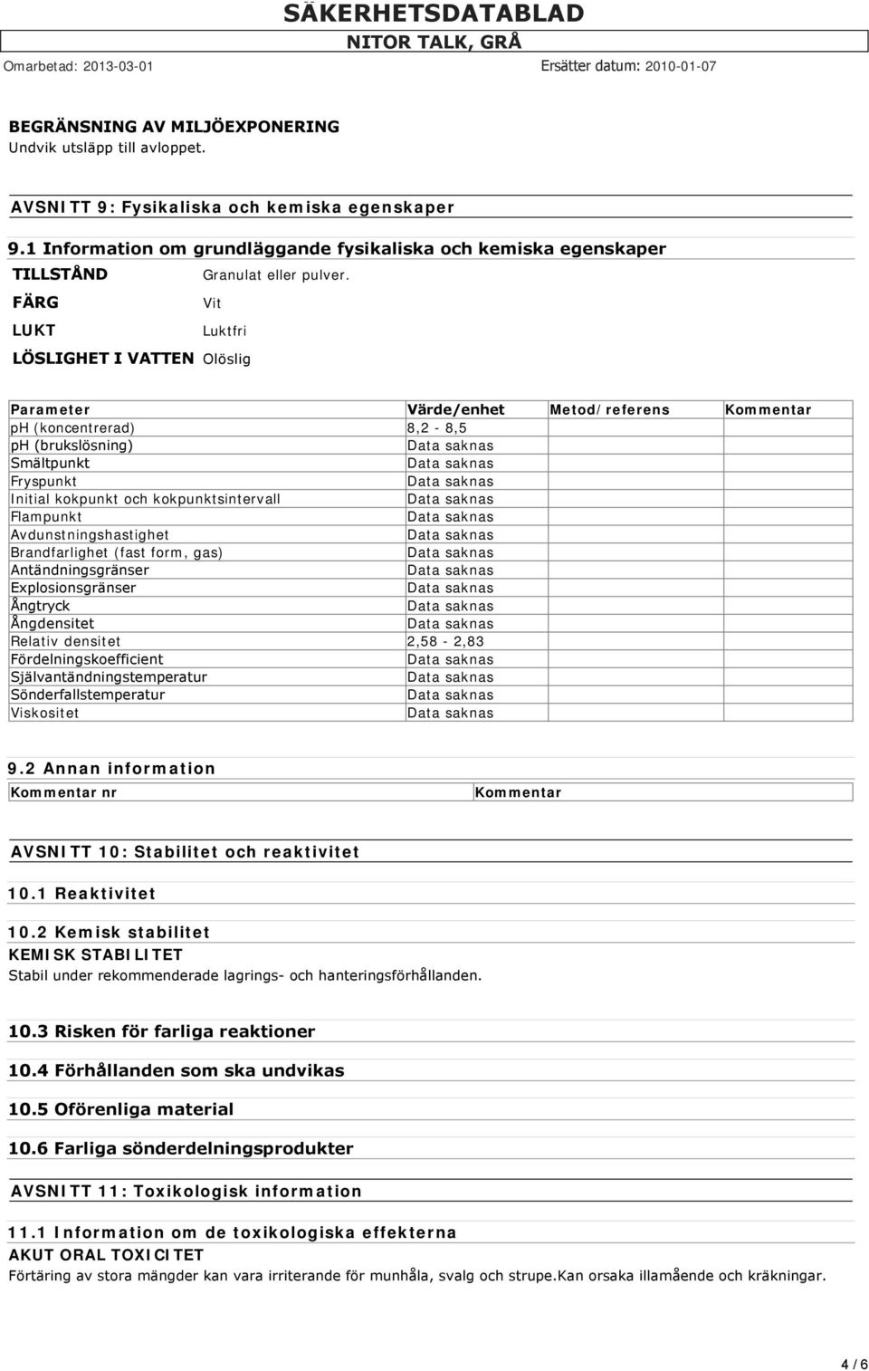 FÄRG Vit LUKT Luktfri LÖSLIGHET I VATTEN Olöslig Parameter Värde/enhet Metod/referens Kommentar ph (koncentrerad) 8,2-8,5 ph (brukslösning) Smältpunkt Fryspunkt Initial kokpunkt och