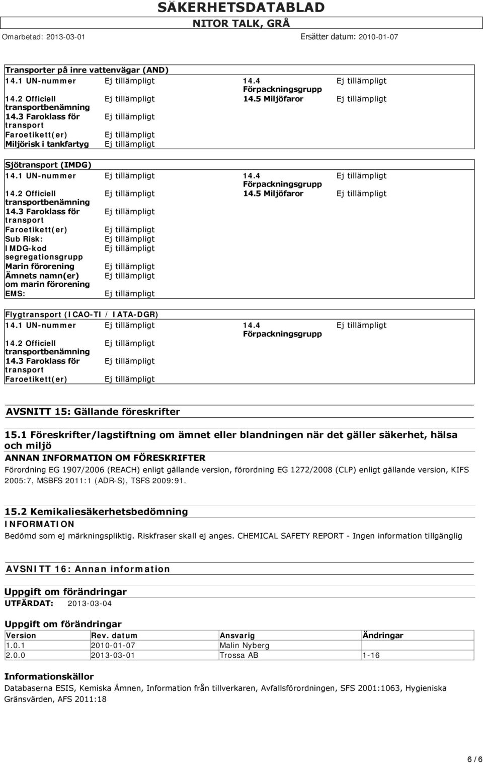 3 Faroklass för Faroetikett(er) Sub Risk: IMDG-kod segregationsgrupp Marin förorening Ämnets namn(er) om marin förorening EMS: Flyg (ICAO-TI / IATA-DGR) 14.1 UN-nummer 14.4 14.2 Officiell 14.