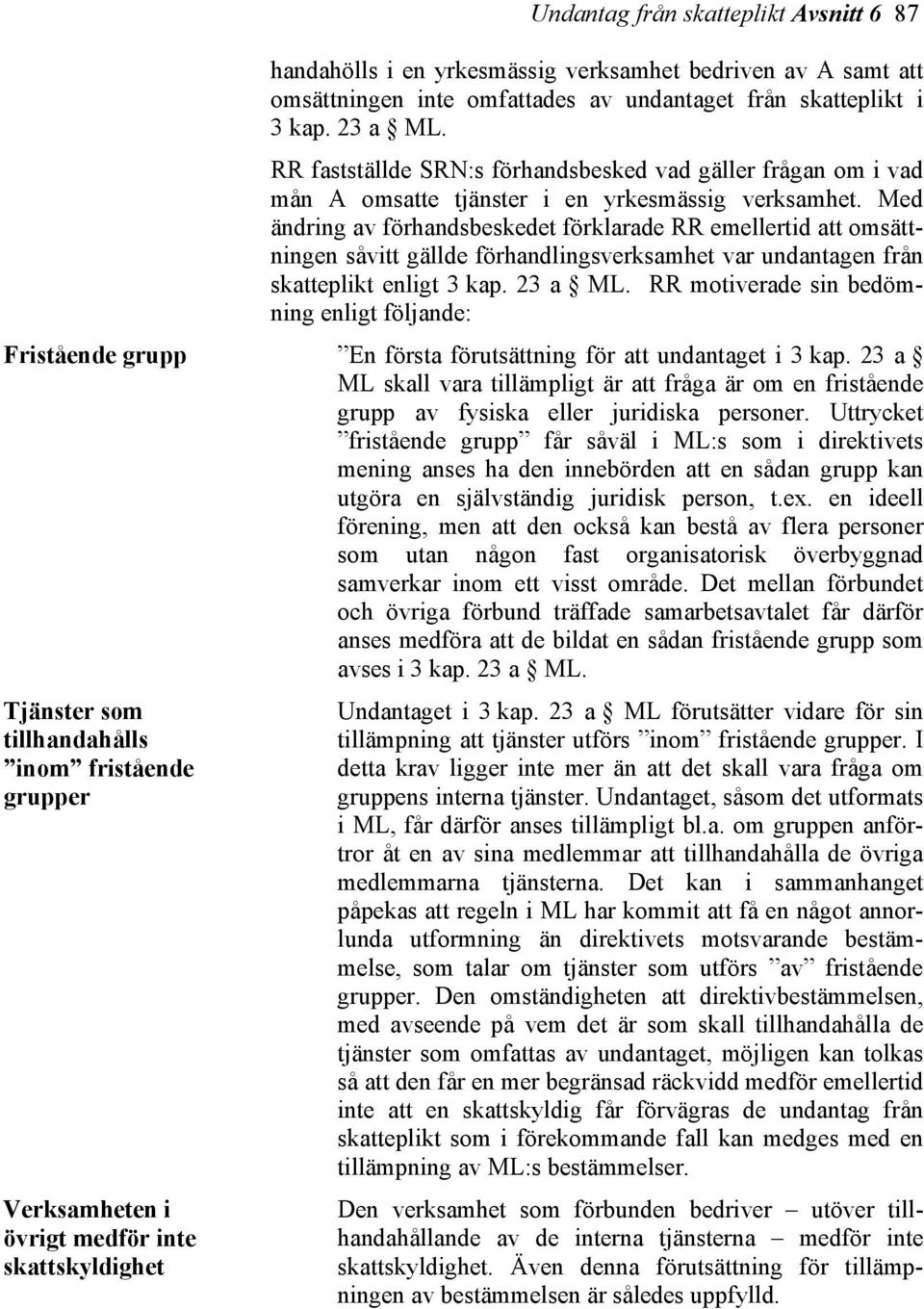 Med ändring av förhandsbeskedet förklarade RR emellertid att omsättningen såvitt gällde förhandlingsverksamhet var undantagen från skatteplikt enligt 3 kap. 23 a ML.