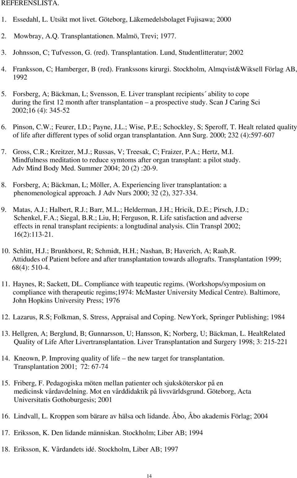 Liver transplant recipients ability to cope during the first 12 month after transplantation a prospective study. Scan J Caring Sci 2002;16 (4): 345-52 6. Pinson, C.W.; Feurer, I.D.; Payne, J.L.; Wise, P.