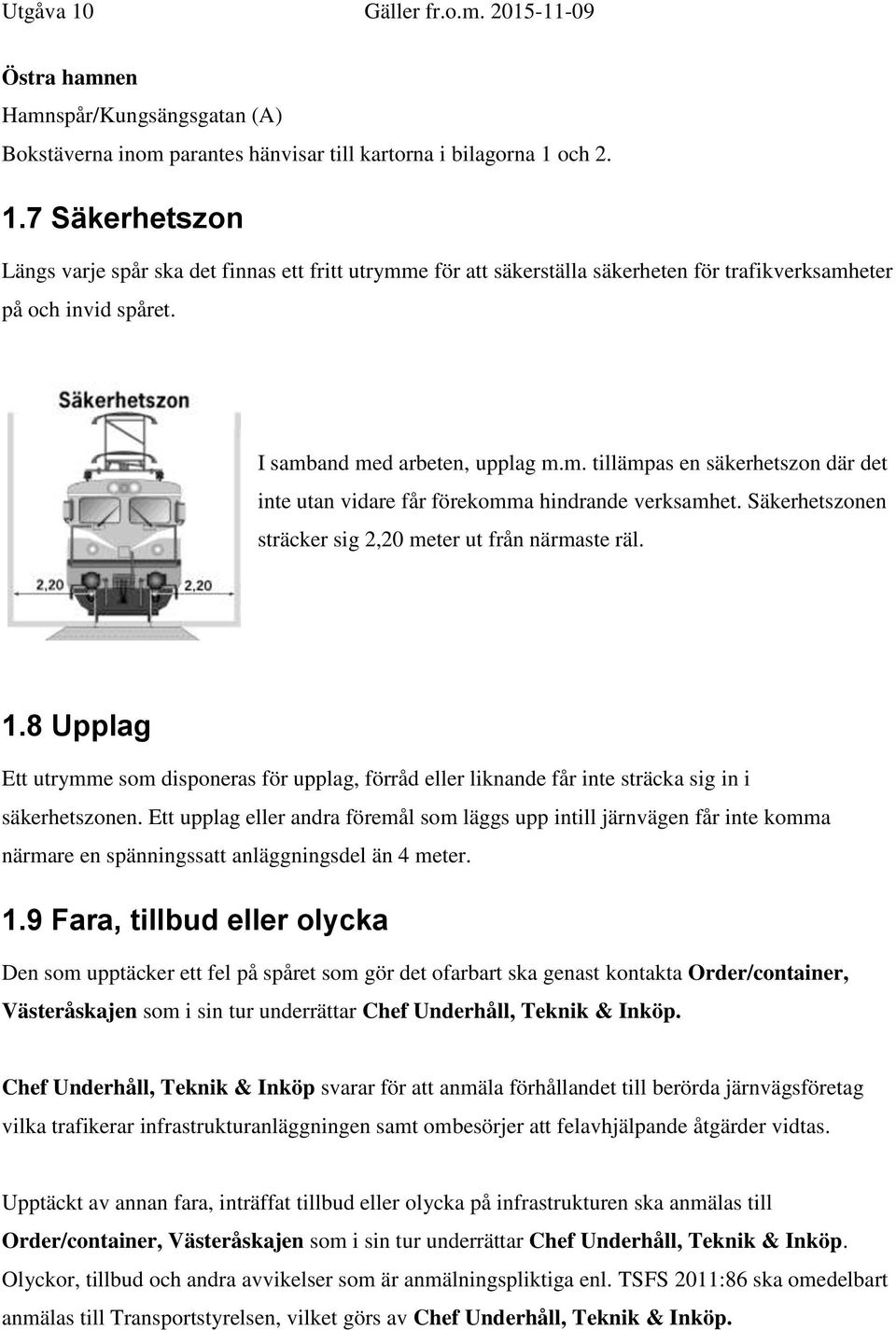 Säkerhetszonen sträcker sig 2,20 meter ut från närmaste räl. 1.8 Upplag Ett utrymme som disponeras för upplag, förråd eller liknande får inte sträcka sig in i säkerhetszonen.