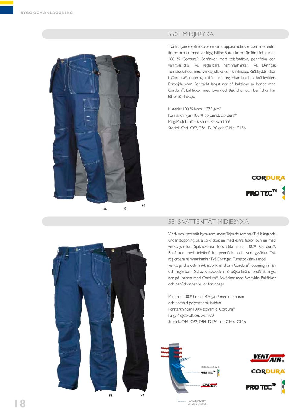 Knäskyddsfickor i Cordura, öppning inifrån och reglerbar höjd av knäskydden. Förböjda knän. Förstärkt längst ner på baksidan av benen med Cordura. Bakfickor med övervidd.