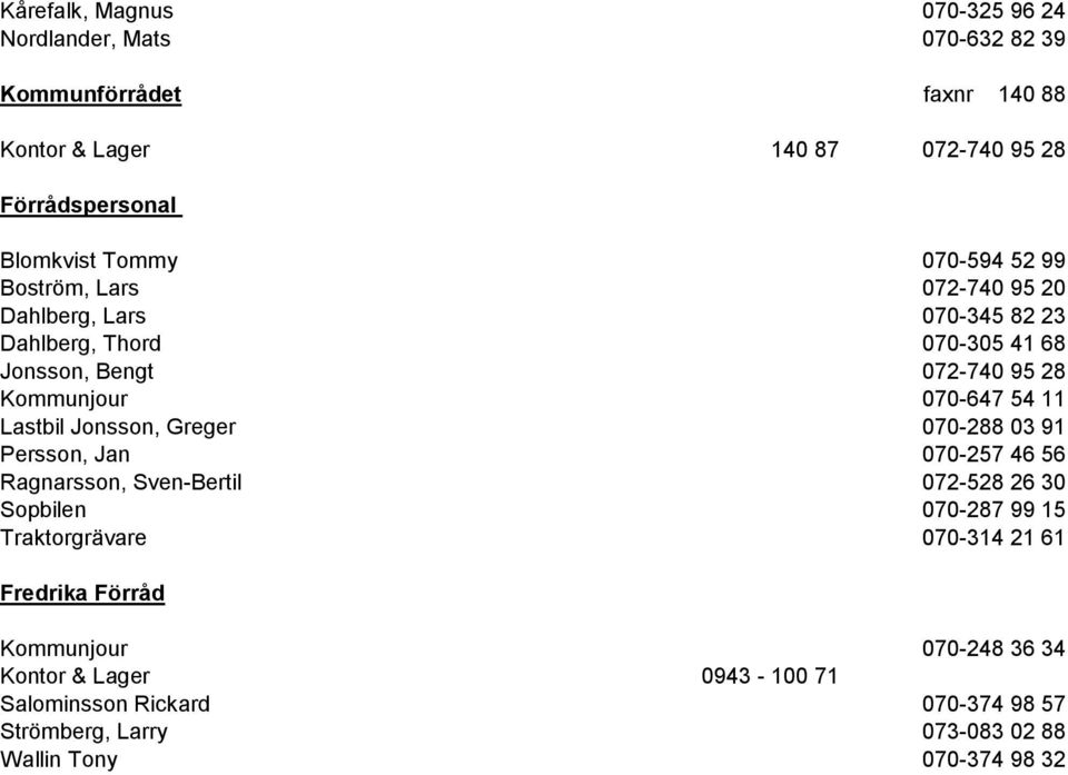 54 11 Lastbil Jonsson, Greger 070-288 03 91 Persson, Jan 070-257 46 56 Ragnarsson, Sven-Bertil 072-528 26 30 Sopbilen 070-287 99 15 Traktorgrävare 070-314