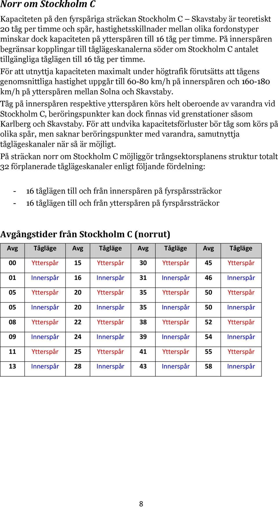 För att utnyttja kapaciteten maximalt under högtrafik förutsätts att tågens genomsnittliga hastighet uppgår till 60-80 km/h på innerspåren och 160-180 km/h på ytterspåren mellan Solna och Skavstaby.