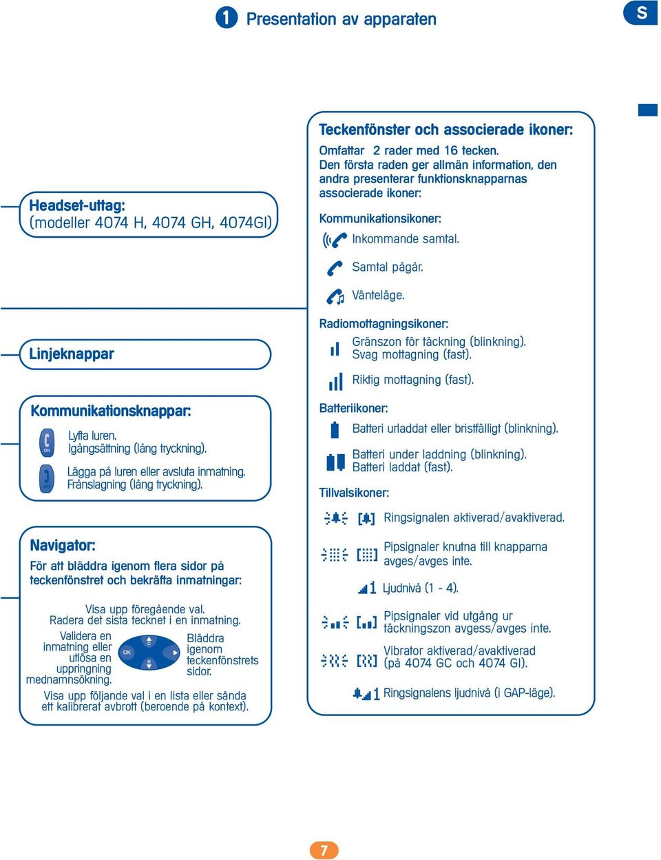 Linjeknappar Kommunikationsknappar: Lyfta luren. Igångsättning (lång tryckning). Lägga på luren eller avsluta inmatning. Frånslagning (lång tryckning).