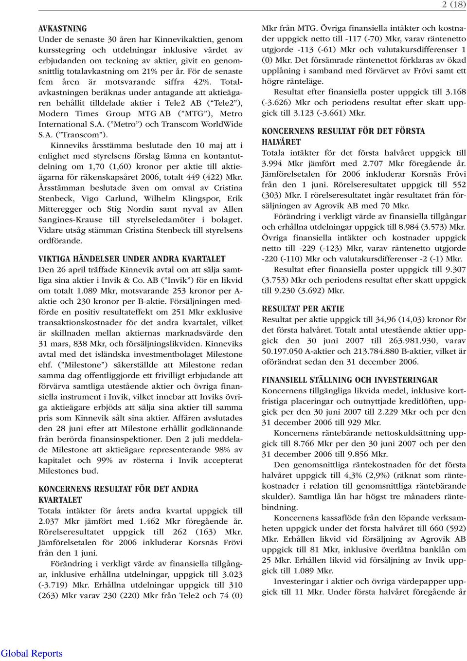 Totalavkastningen beräknas under antagande att aktieägaren behållit tilldelade aktier i Tele2 AB ( Tele2 ), Modern Times Group MTG AB ( MTG ), Metro International S.A. ( Metro ) och Transcom WorldWide S.