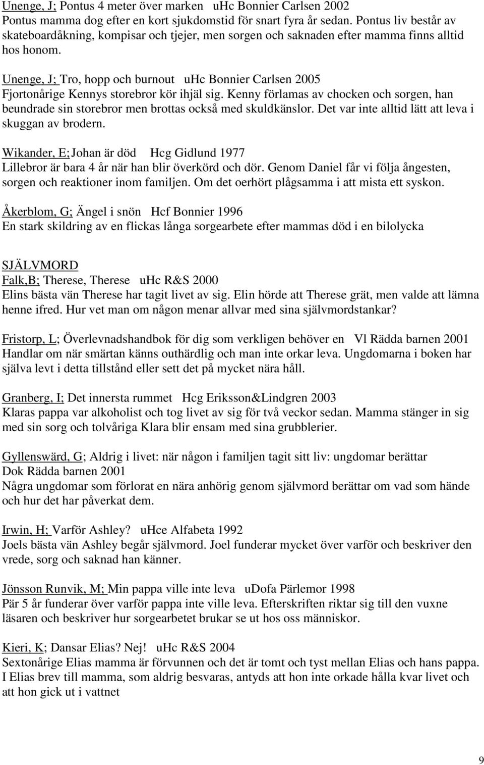 Unenge, J; Tro, hopp och burnout uhc Bonnier Carlsen 2005 Fjortonårige Kennys storebror kör ihjäl sig.