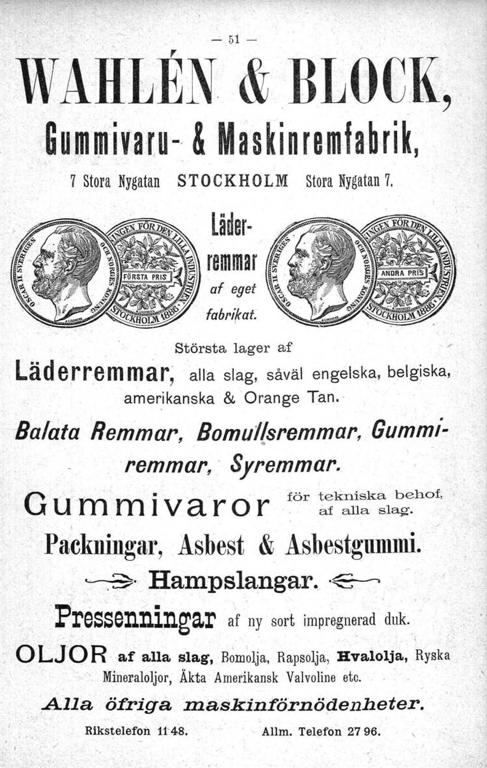 , G U'm m ivar o r förl~k~i:k:l:g~hof,:," 1./..:" " Packningar, Asbest &, Asbestgummi..~,~..Hampslangar...<3...,..'P'ressånningar af 'ny sort impregnerad duk.-'.