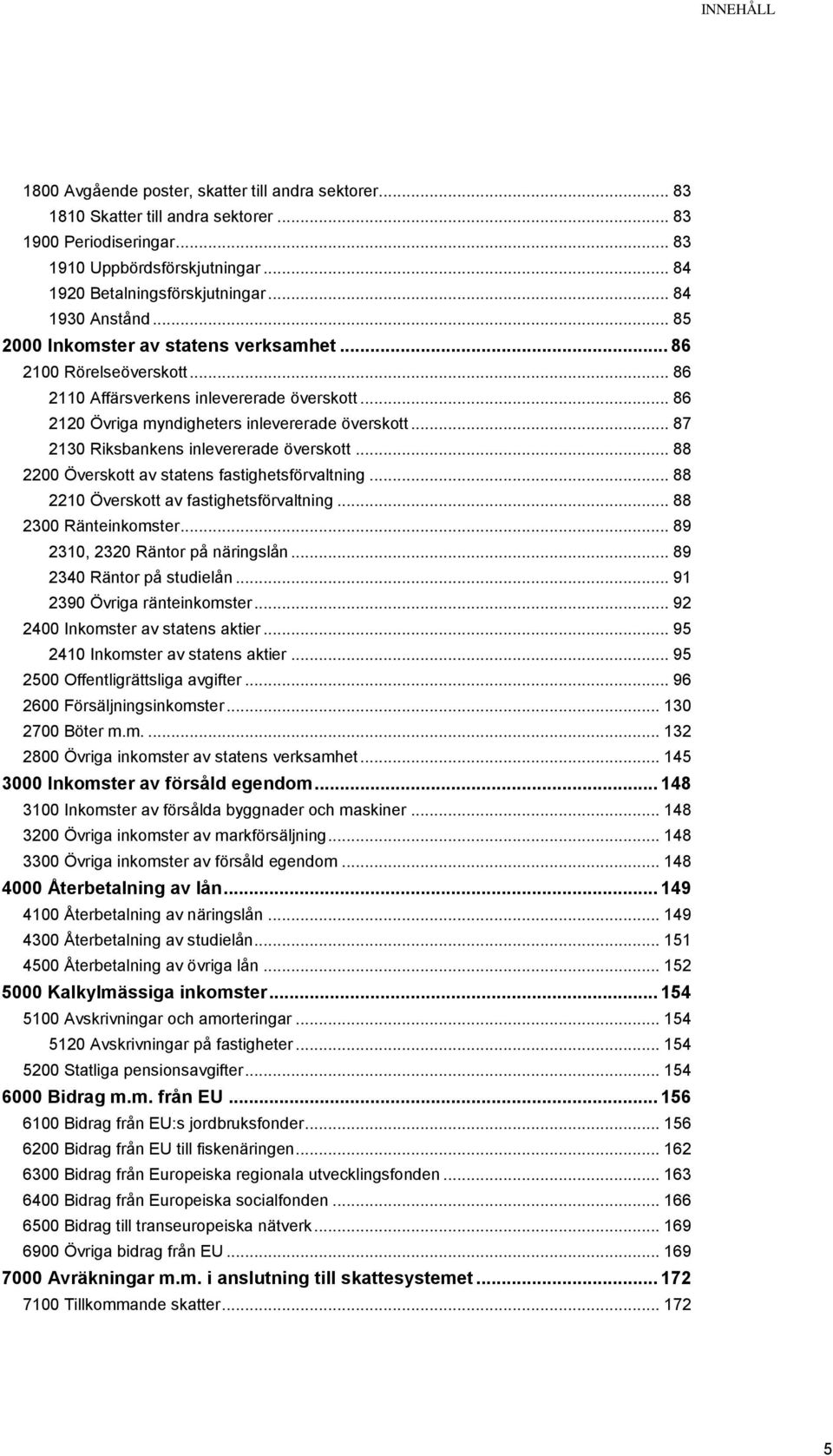 .. 87 2130 Riksbankens inlevererade överskott... 88 2200 Överskott av statens fastighetsförvaltning... 88 2210 Överskott av fastighetsförvaltning... 88 2300 Ränteinkomster.