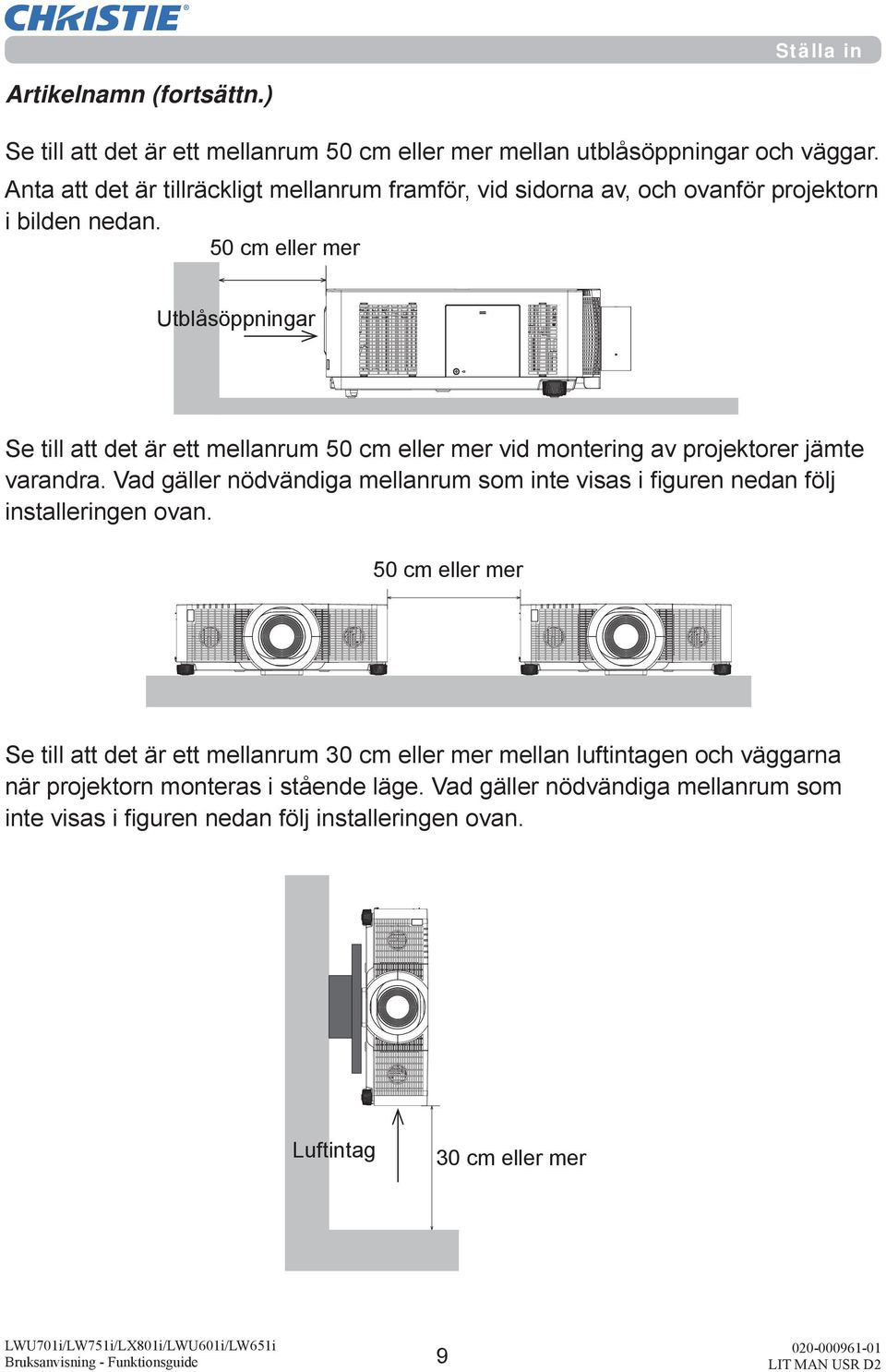 50 cm eller mer Utblåsöppningar Se till att det är ett mellanrum 50 cm eller mer vid montering av projektorer jämte varandra.
