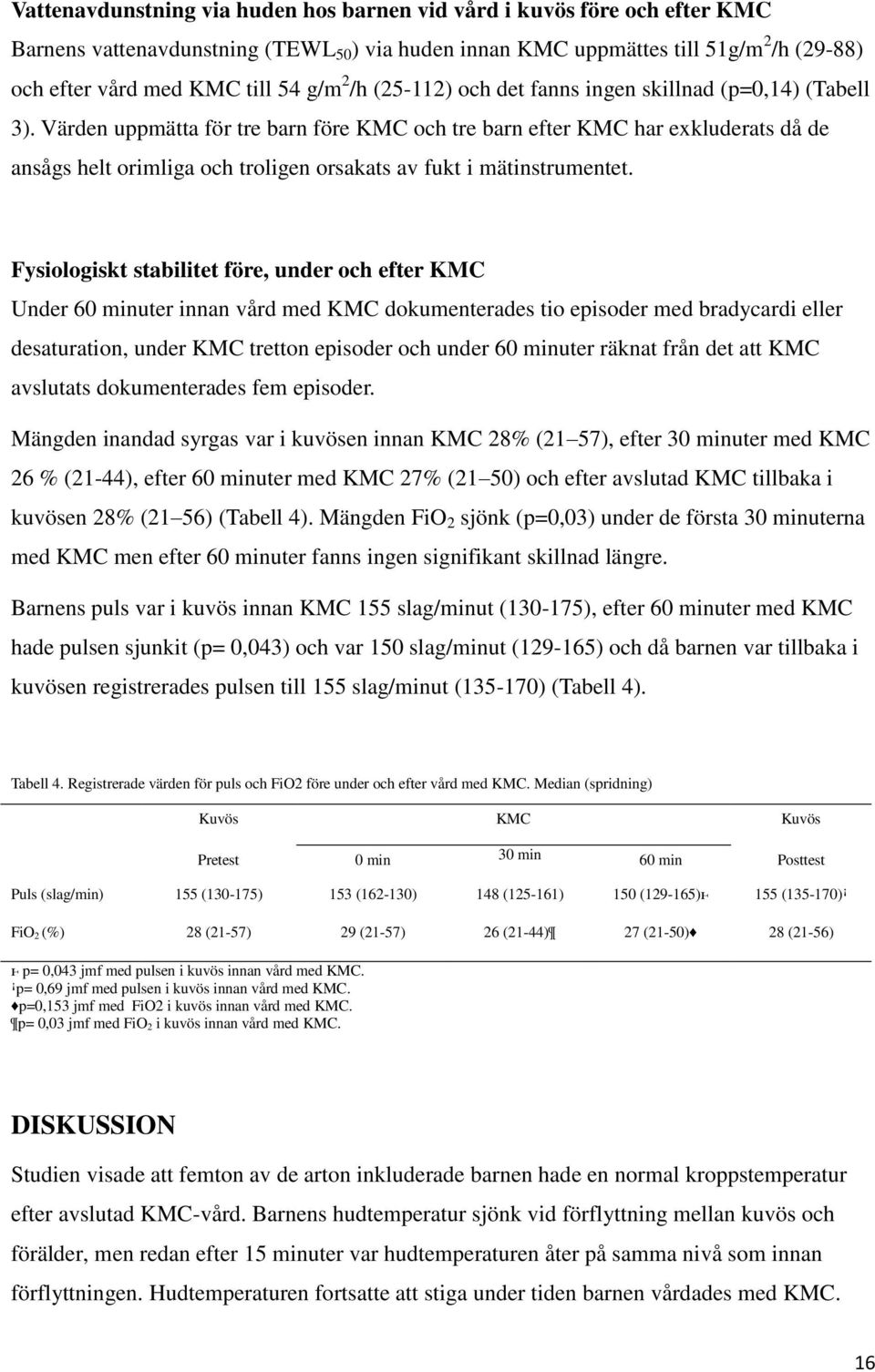 Värden uppmätta för tre barn före KMC och tre barn efter KMC har exkluderats då de ansågs helt orimliga och troligen orsakats av fukt i mätinstrumentet.