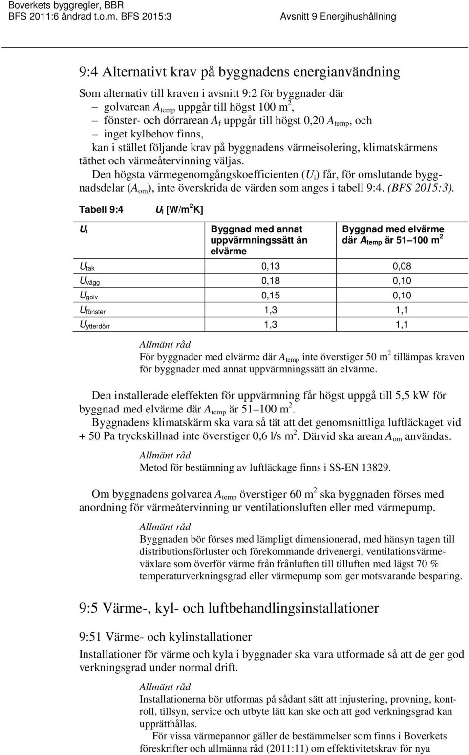 Den högsta värmegenomgångskoefficienten (U i ) får, för omslutande byggnadsdelar (A om ), inte överskrida de värden som anges i tabell 9:4. (BFS 2015:3).