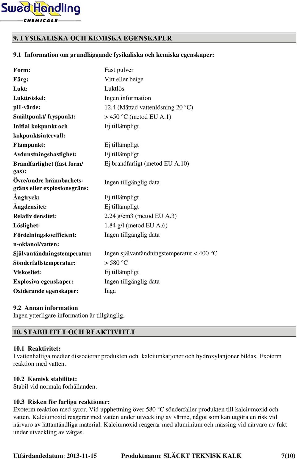 eller beige Luktlös Ingen information 12.4 (Mättad vattenlösning 20 C) > 450 C (metod EU A.